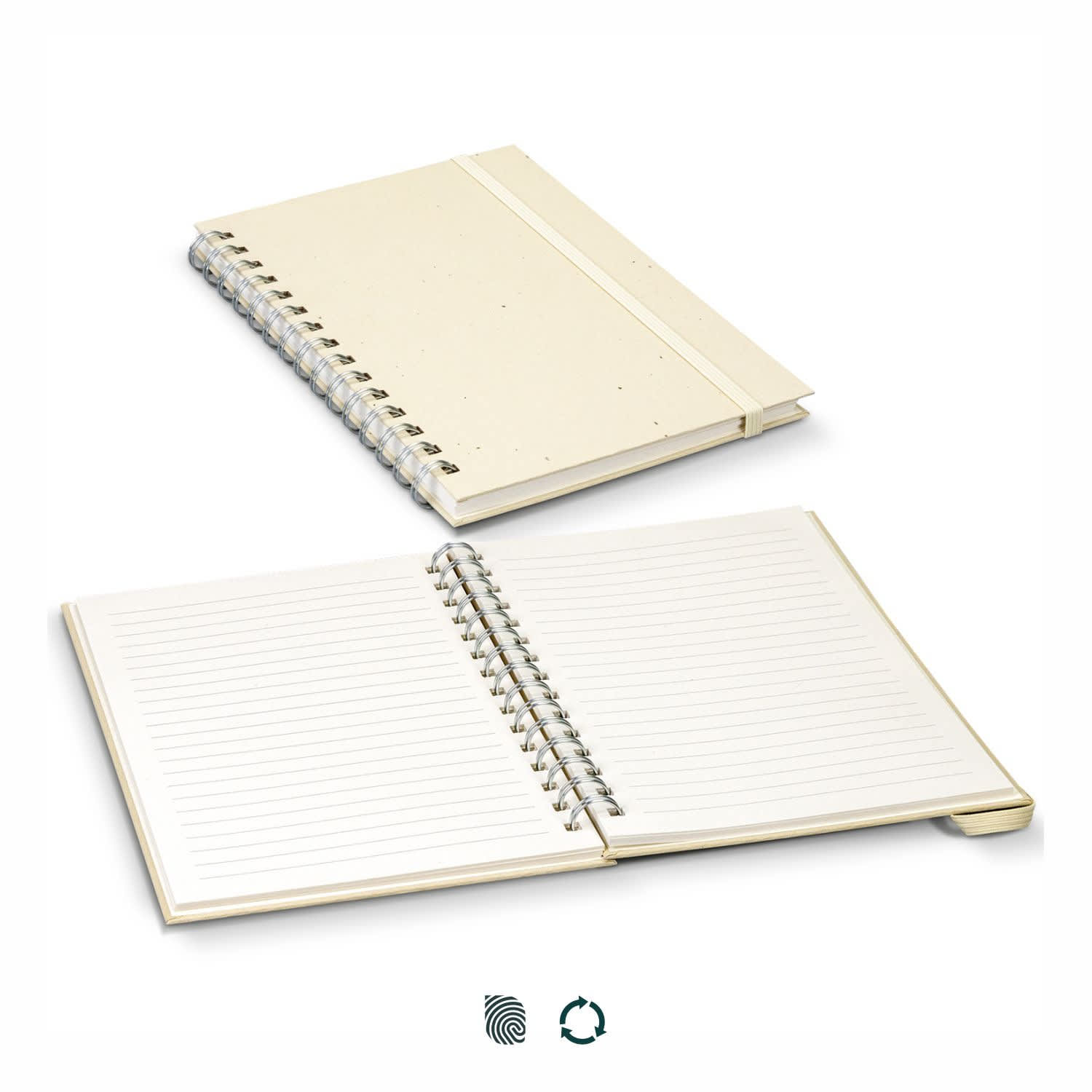 A beige recycled paper spiral notebook with a textured cover and lined pages, featuring a logo on the front. Terra Recycled Paper Spiral Notebook - Image 1