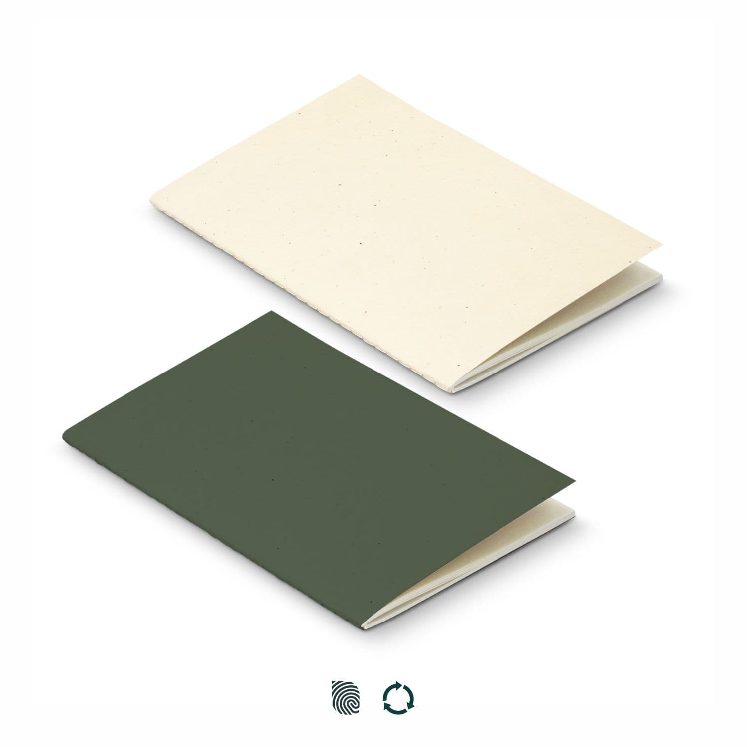 A soft cover notebook featuring a cream and dark green recycled paper design, with a logo visible on the surface. Terra Recycled Paper Soft Cover Notebook - Image 1