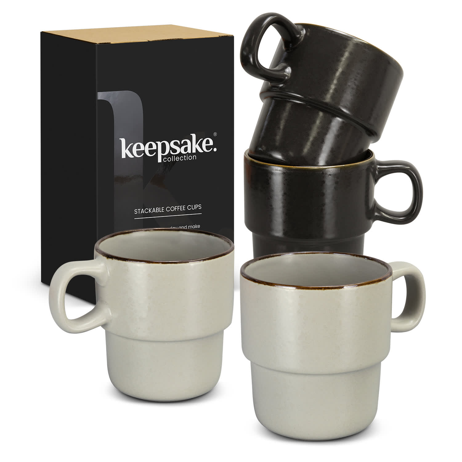 A set of two stackable coffee cups in grey and black, packaged with a box featuring a logo. Keepsake Stackable Coffee Cup - Set of 2 - Image 1