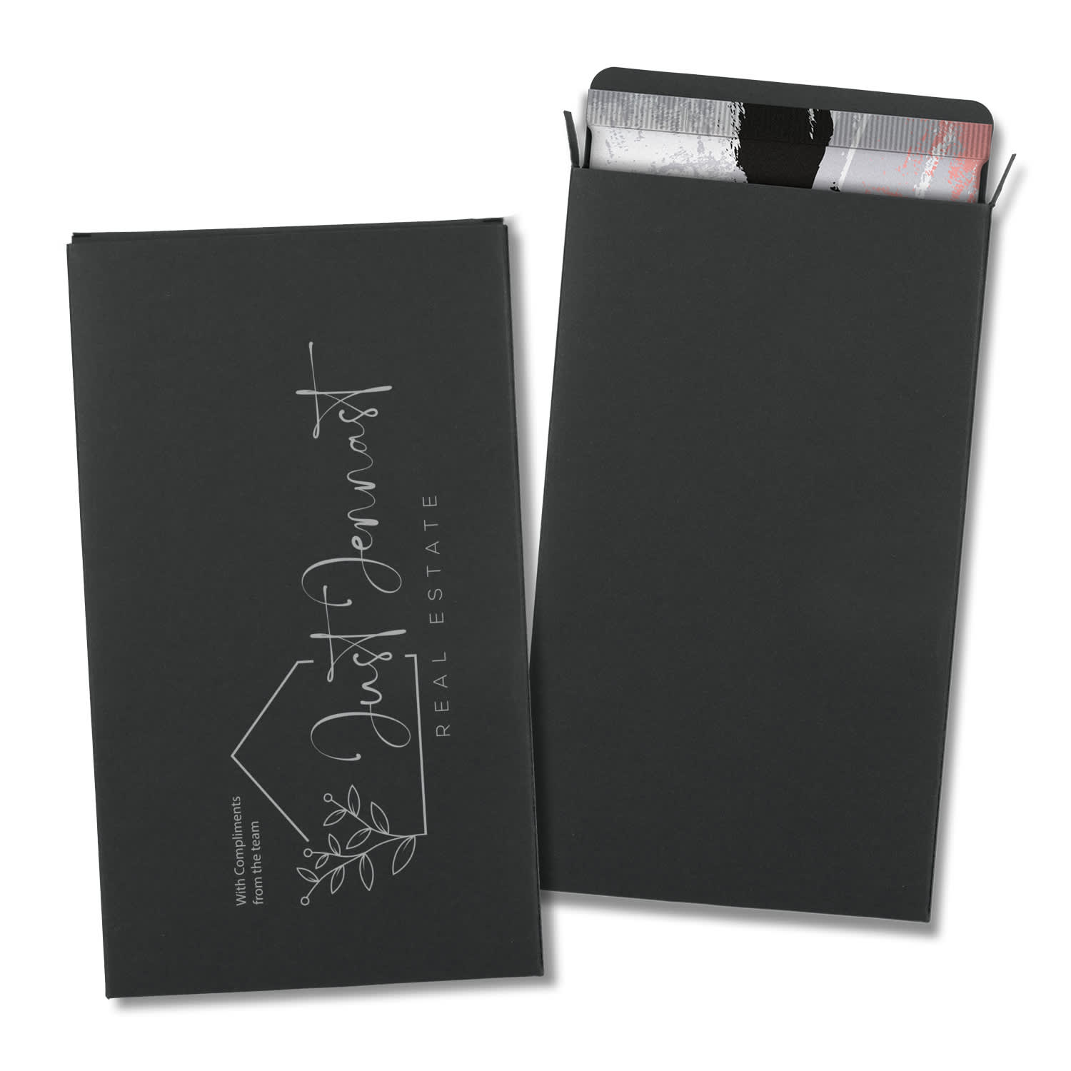 A black gift card holder with a seal, featuring a minimalist logo on the front. The back is plain. Hazel Chocolate Gift Box - Large - Image 1