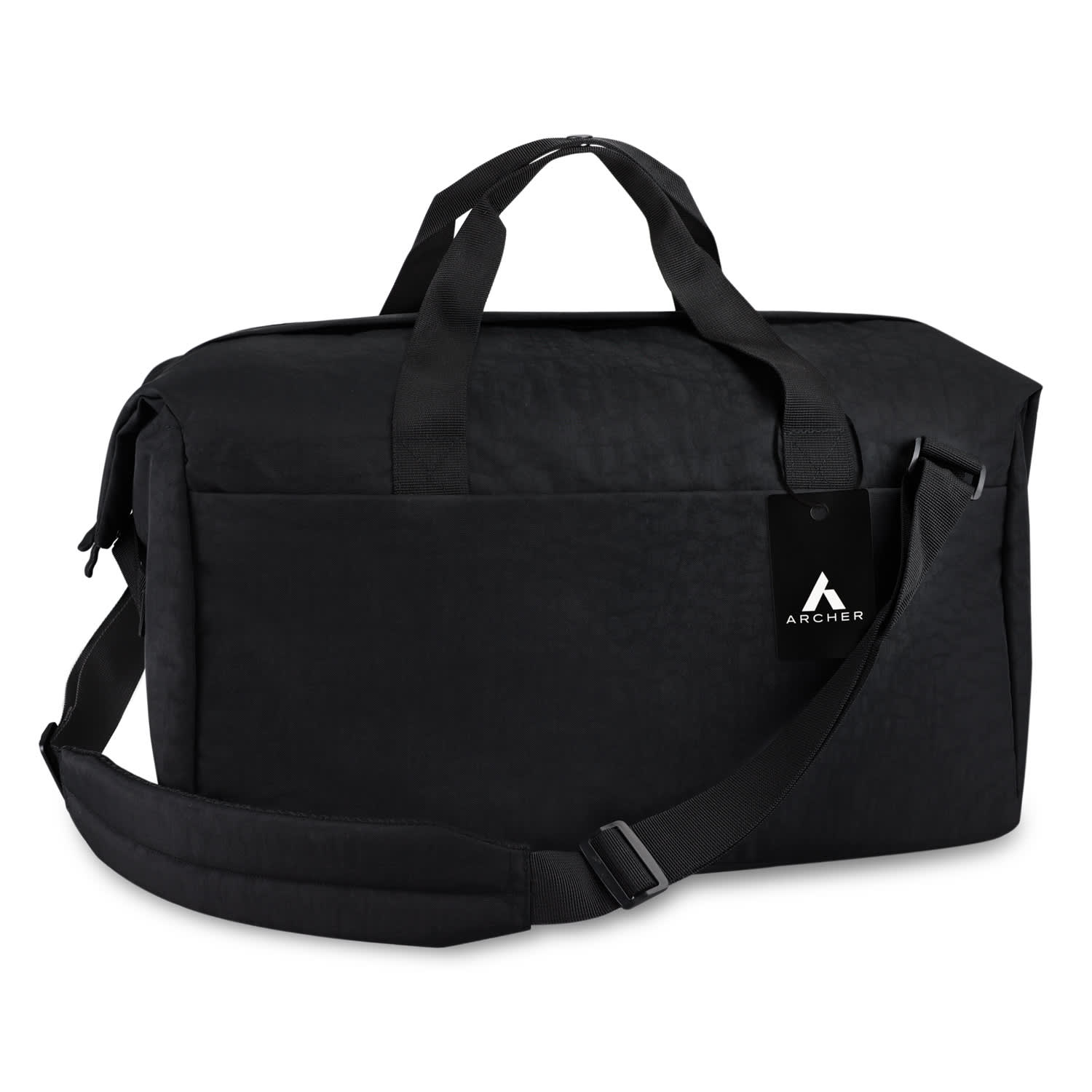 A black duffle bag with sturdy handles and a shoulder strap, featuring a logo tag. ARCHER Tasman Duffle Bag - Image 1
