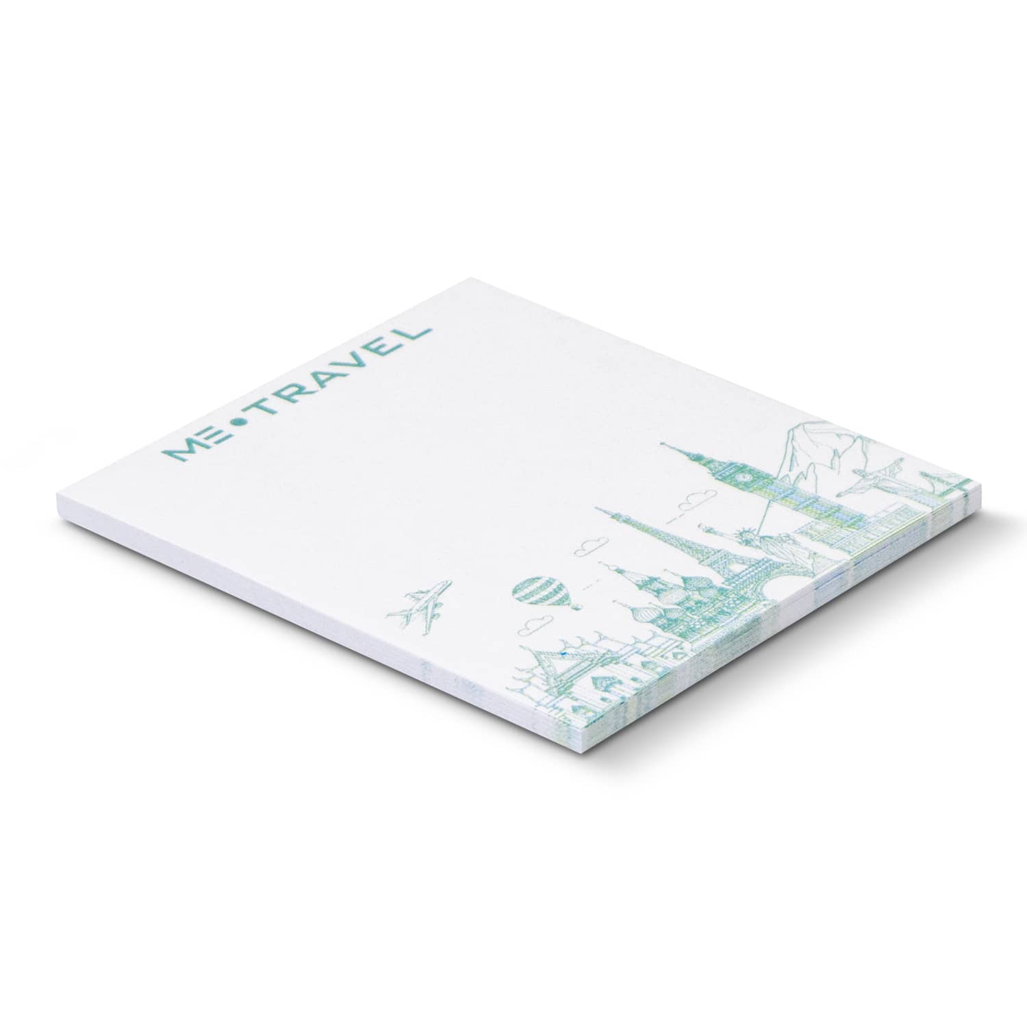 A sticky pad with a design featuring various landmarks, measuring 70 x 75mm, and containing 25 sheets. Sticky Pad 70 x 75mm - 25 Sheets - Image 1