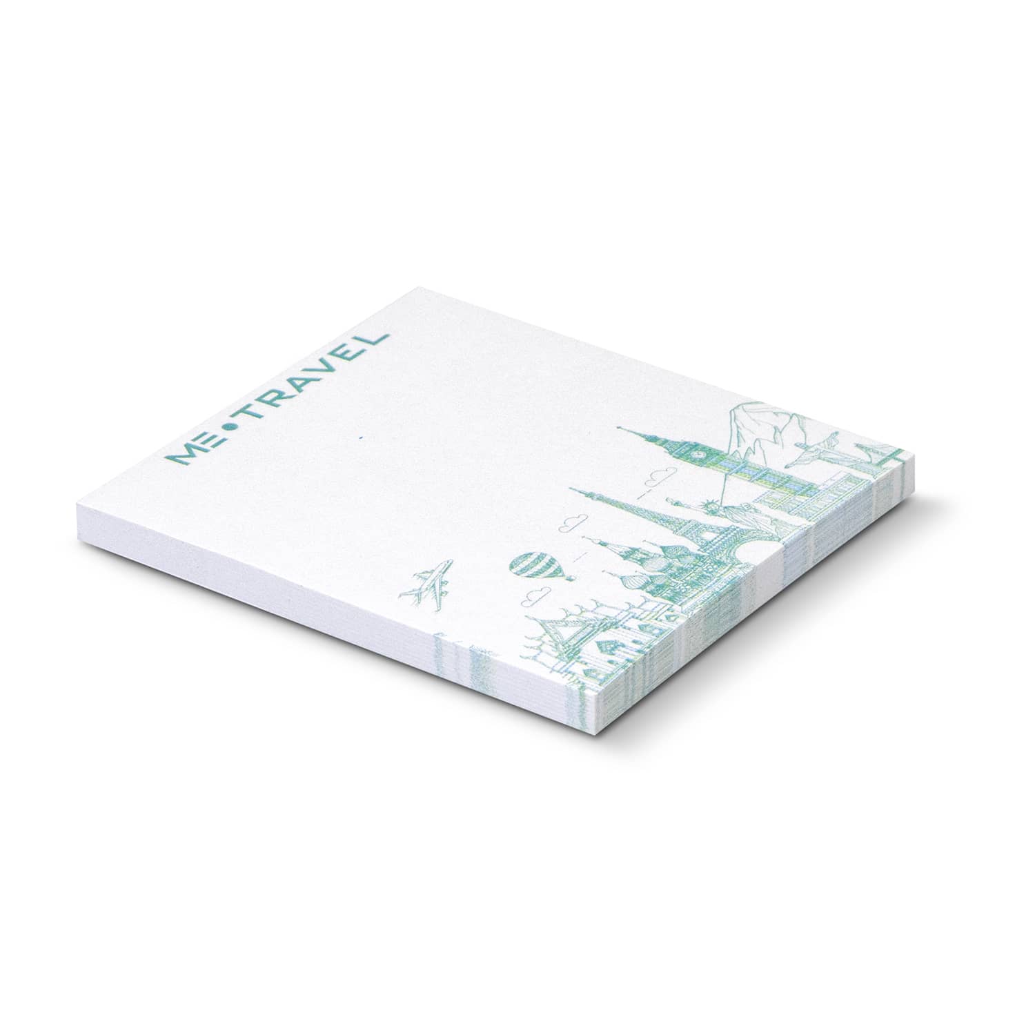 A white sticky pad with a design featuring travel motifs, measuring 70 x 75mm and containing 50 sheets. Sticky Pad 70 x 75mm - 50 Sheets - Image 1