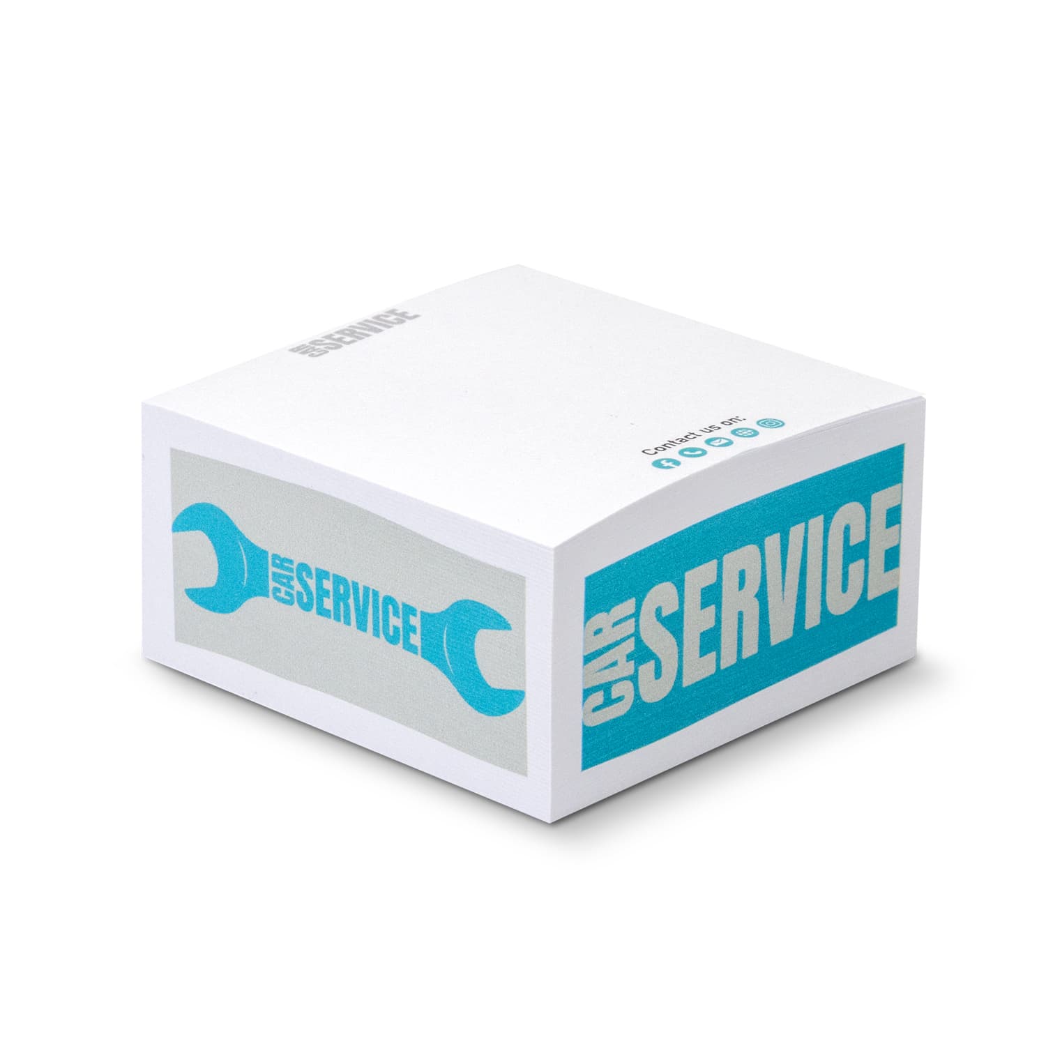 A white sticky cube with turquoise graphics featuring a wrench and text related to car service. Sticky Cube 70 x 70mm - 335 Sheets - Image 1