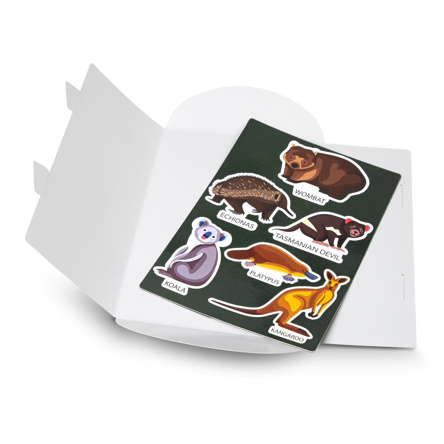 A custom die cut magnet sheet featuring Australian animals like a wombat, echidna, and kangaroo on a green background. Custom Die Cut Magnet Sheet - A5 - Image 1