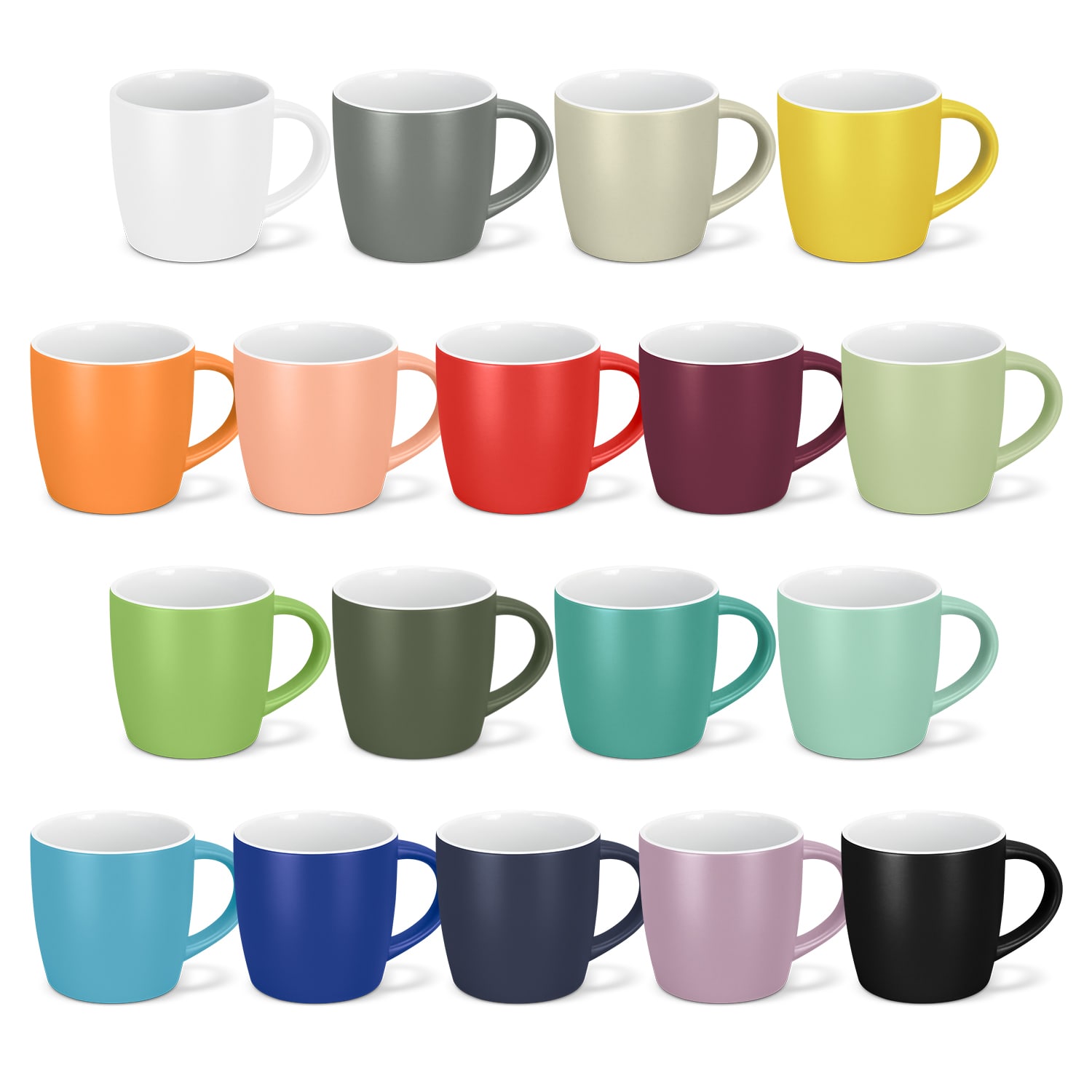 A collection of coffee mugs in various colours, including white, grey, yellow, orange, red, and blue, with contrasting interiors. Mocha Coffee Mug - Image 1