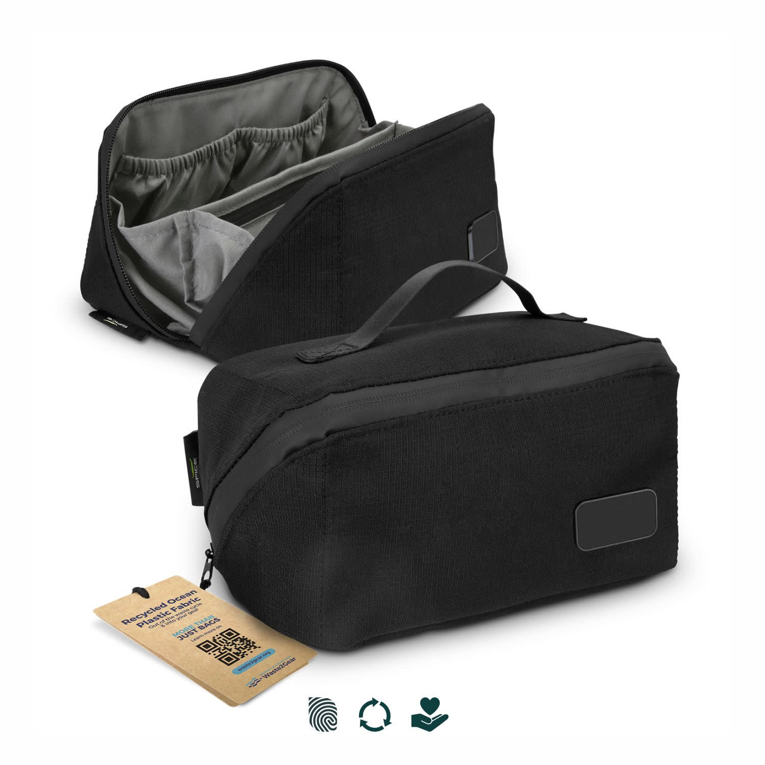 A black toiletry bag features a spacious compartment and a handle, designed with interior organisational pockets. SPICE Waste2Gear Dopp Kit - Image 1