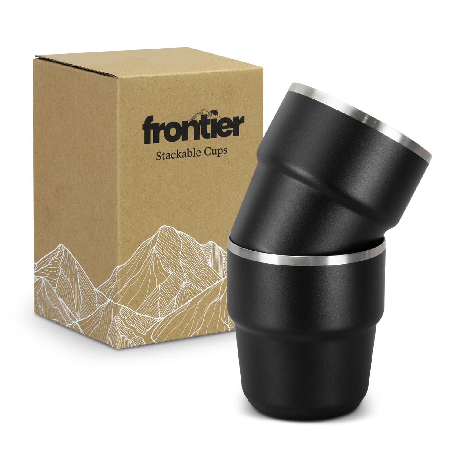 A set of two stackable cups in black with silver rims, presented next to a branded cardboard box. Frontier Stackable Cups - Set of 2 - Image 1