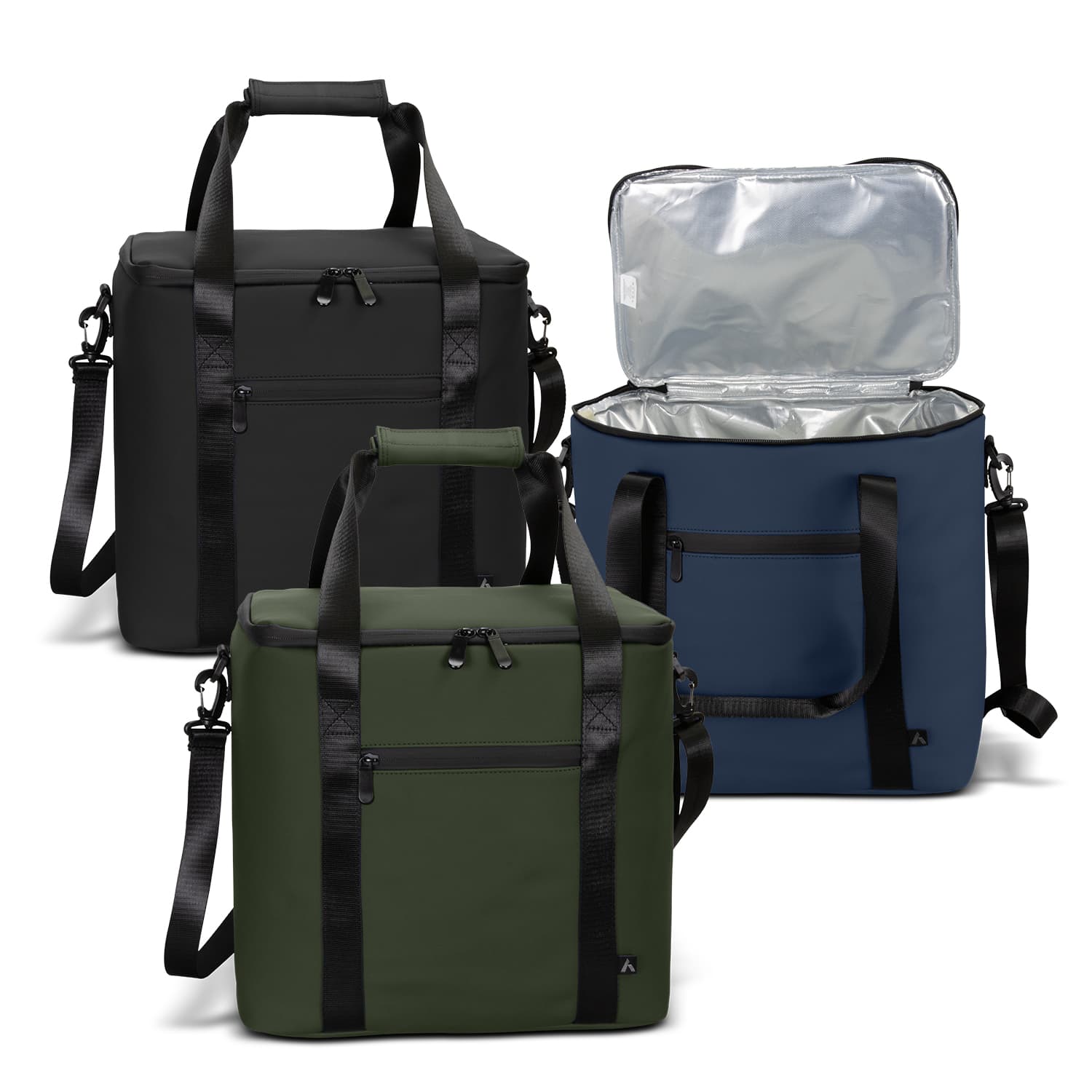 A set of three soft-touch cooler bags in black, navy blue, and olive green, featuring handles and adjustable straps. ARCHER Soft-Touch Cooler Bag - Image 1