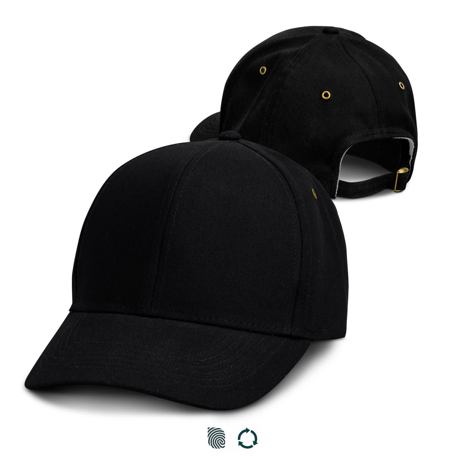 A black cap featuring a structured design, with an adjustable strap and brass details. It has a logo and showcases a classic style. Essence Organic Cap - Image 1