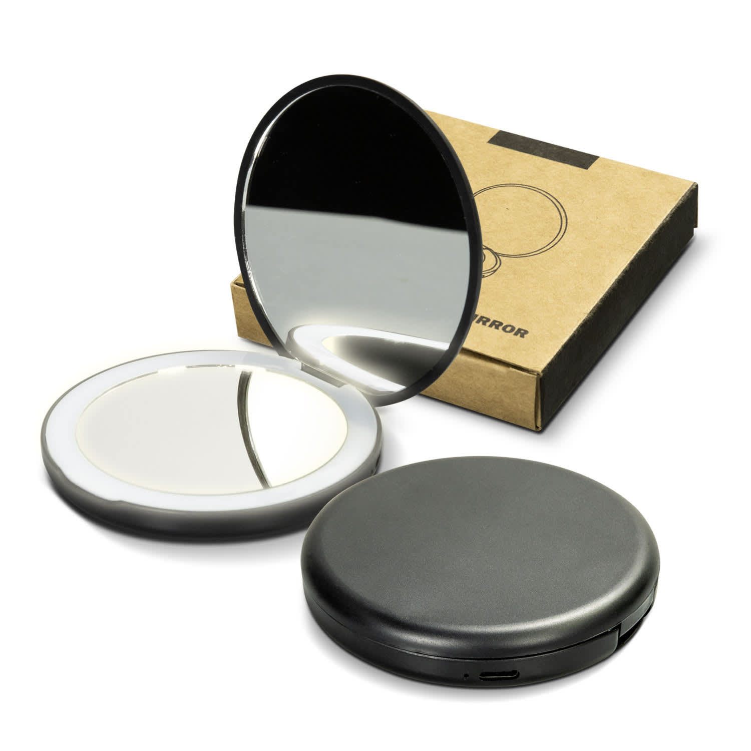 A compact mirror with a sleek black exterior, partially opened to reveal a reflective interior, beside its packaging. Ella LED Compact Mirror - Image 1