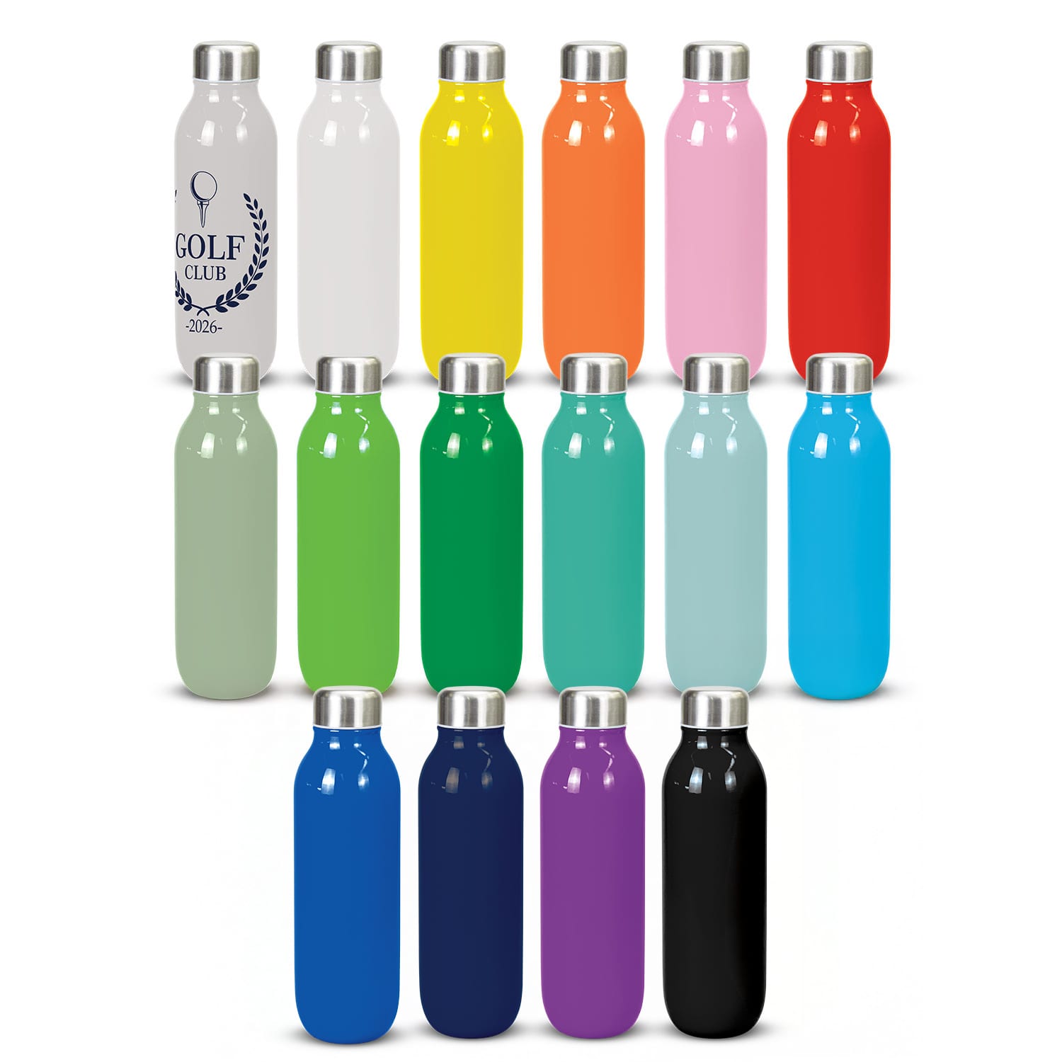 A drink bottle collection in various colours including white, yellow, green, blue, purple, and black, featuring a logo. Camaro Vacuum Bottle - Image 1