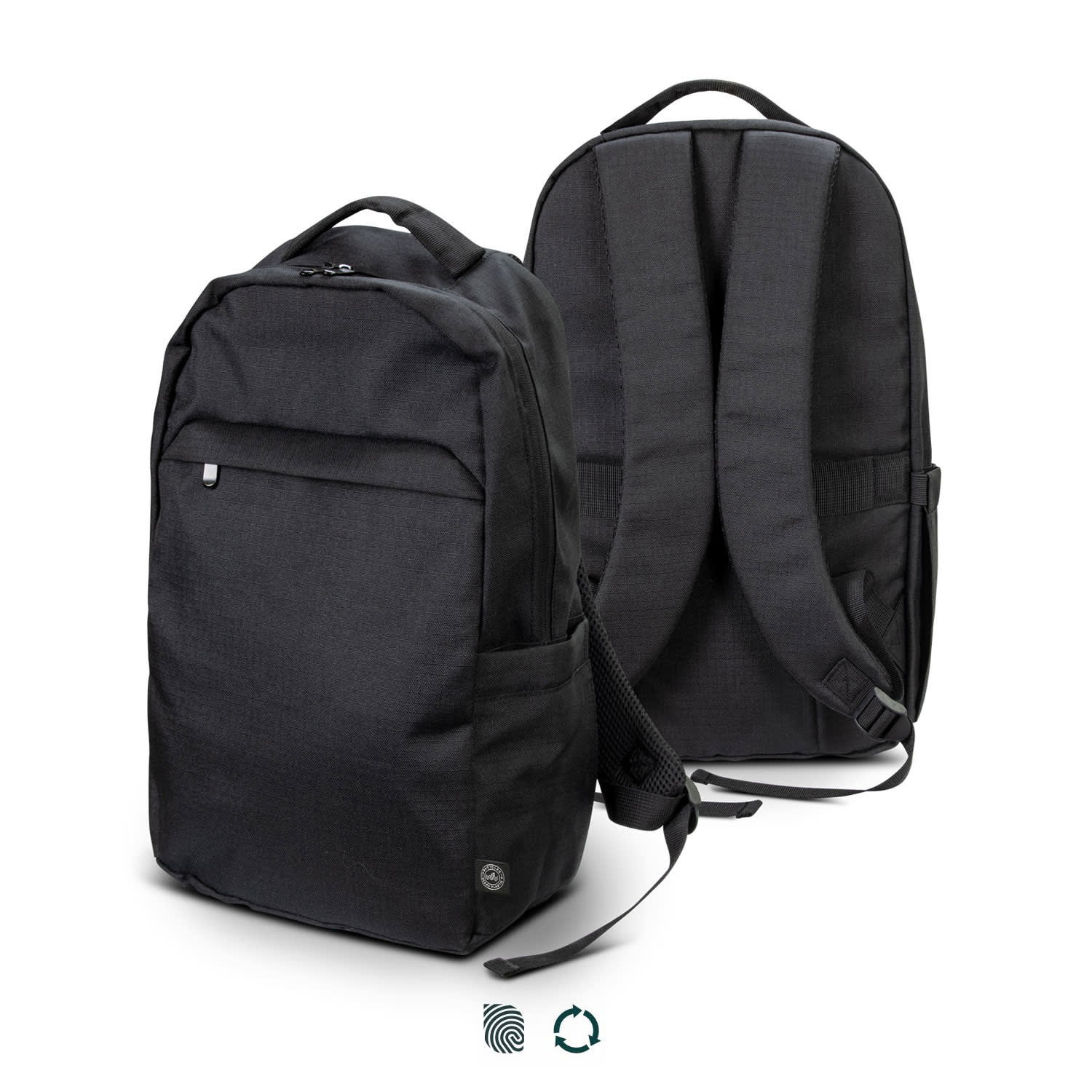 A black recycled backpack with padded straps and a front pocket, featuring a logo on the side. Oceana Recycled Backpack - Image 1