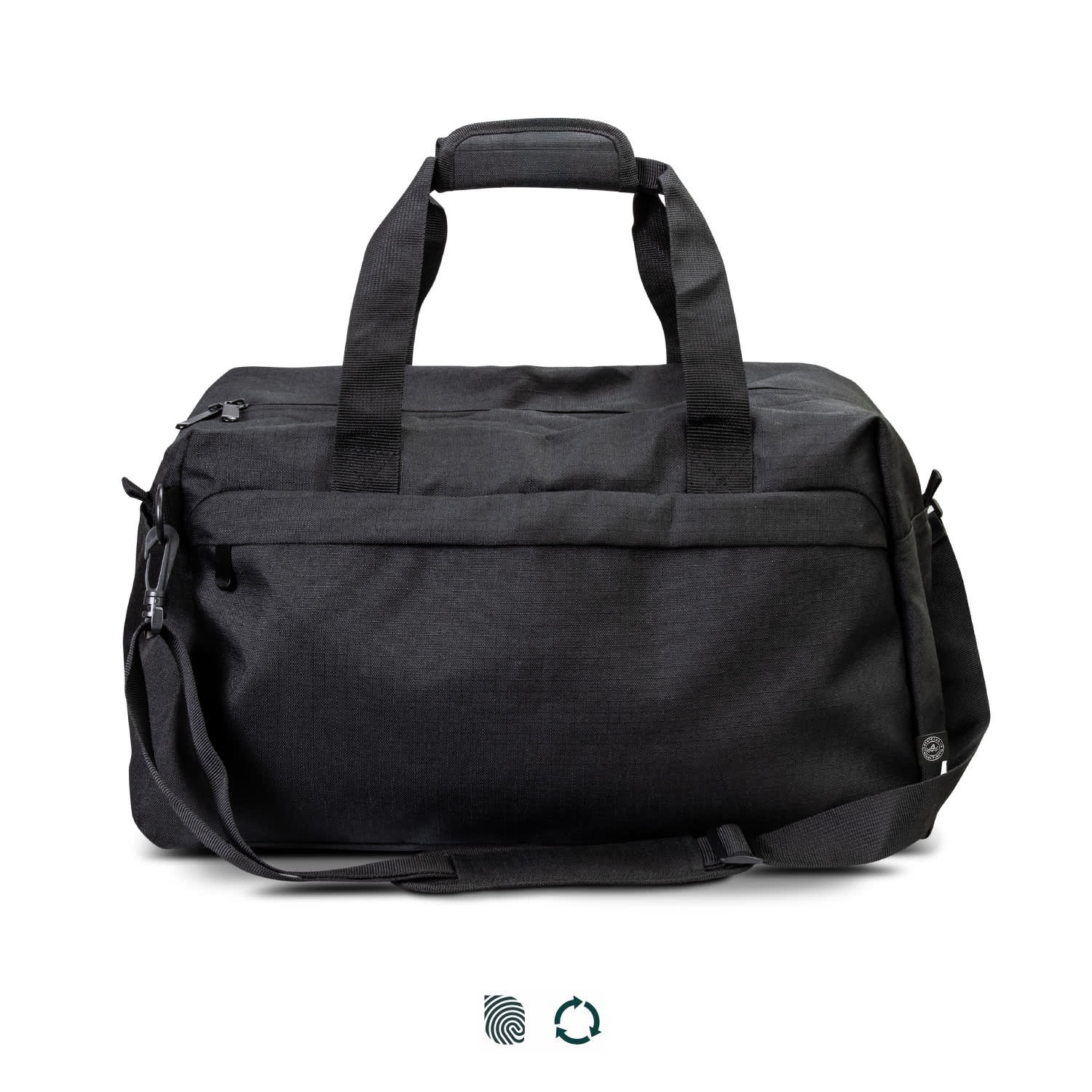 A black recycled duffle bag with dual handles, a shoulder strap, and a logo on the side. Oceana Recycled Duffle Bag - Image 1
