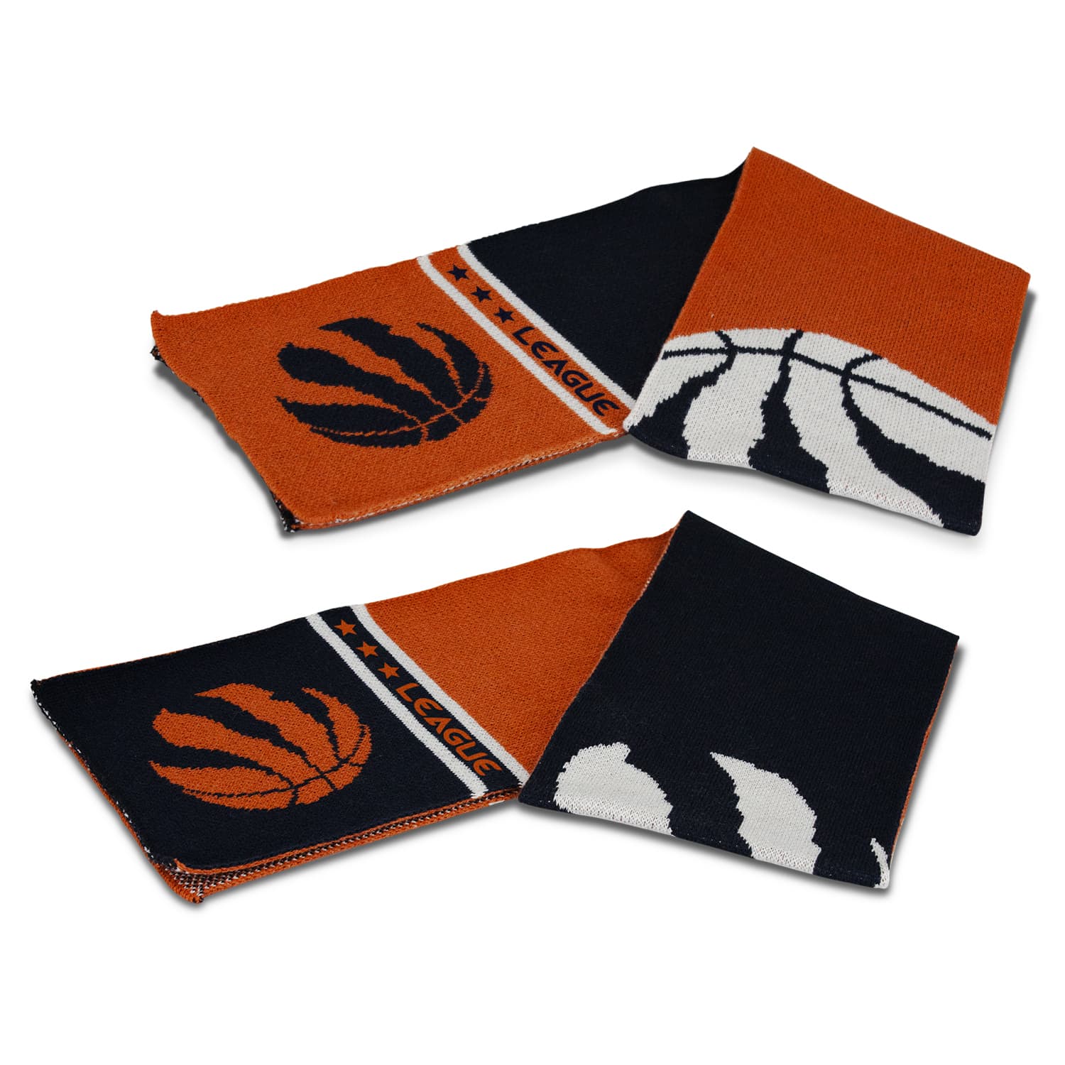 A knitted scarf featuring orange and navy colours with basketball designs and a logo. Sitka Custom Knitted Scarf - Image 1
