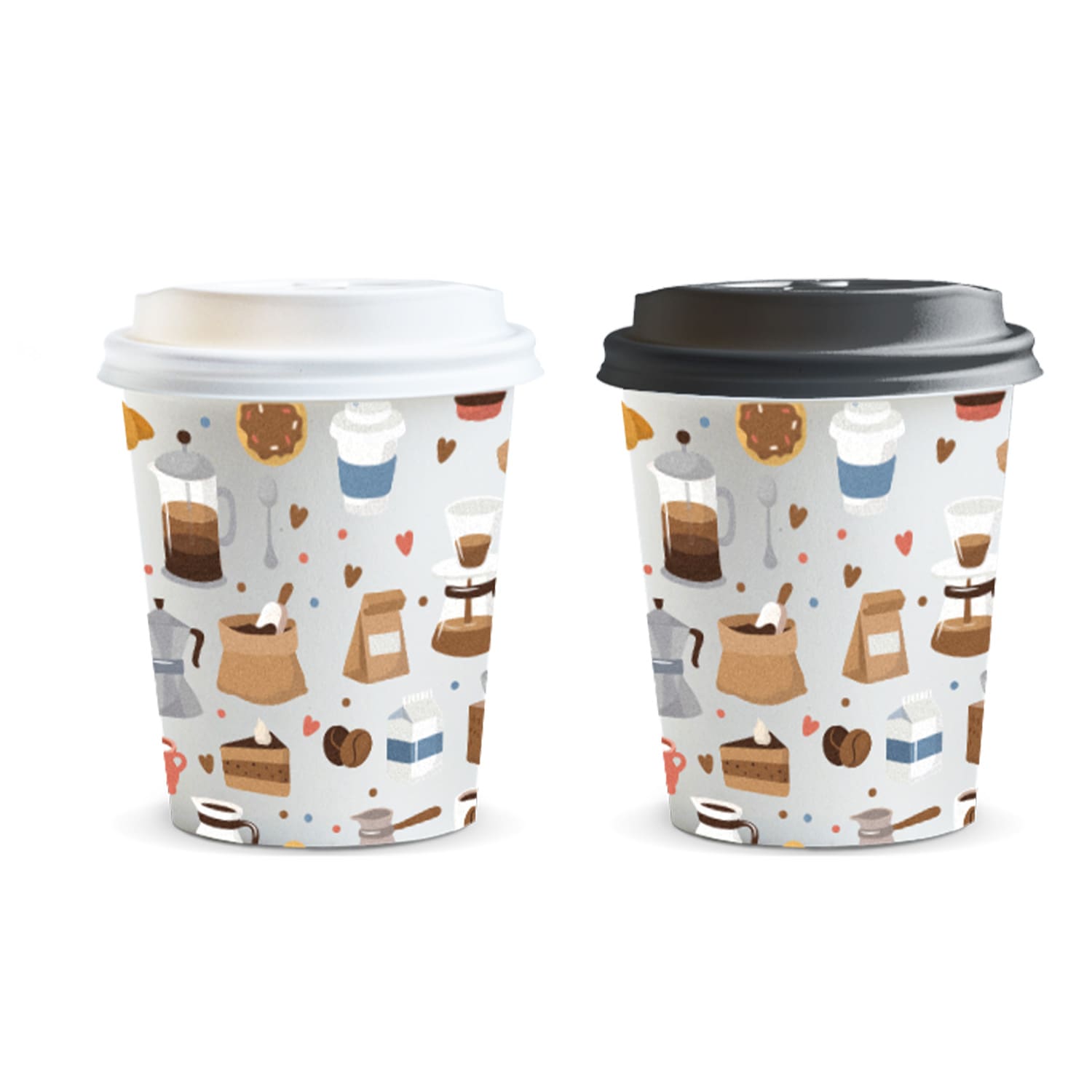 Two patterned coffee cups with white and black lids, featuring illustrations of coffee-related items on a light background. Kudos Paper Coffee Cup - 230ml - Image 1