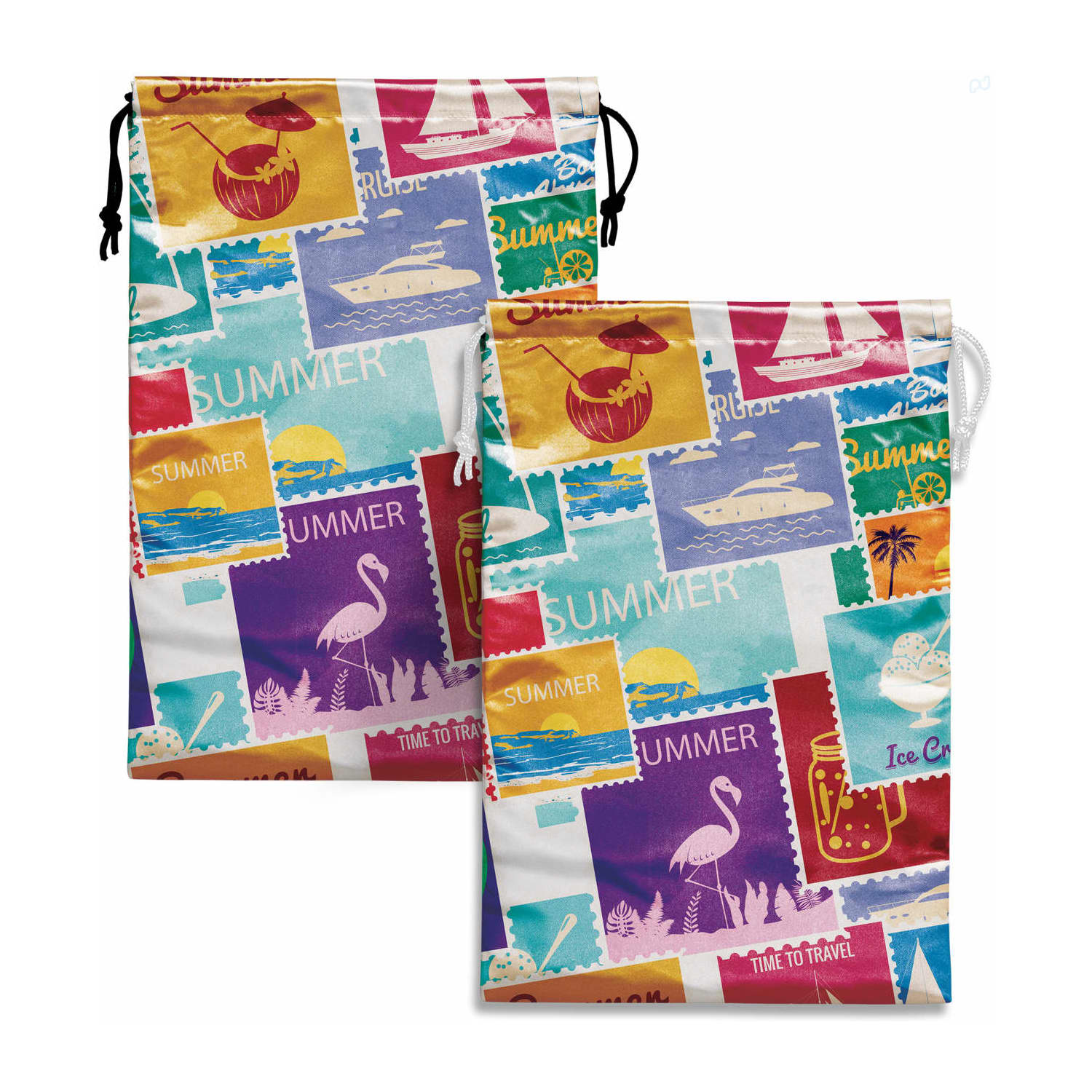 A large satin gift bag featuring a colourful travel-themed print with various stamps and icons in pink, blue, and yellow. Satin Gift Bag - Large - Image 1