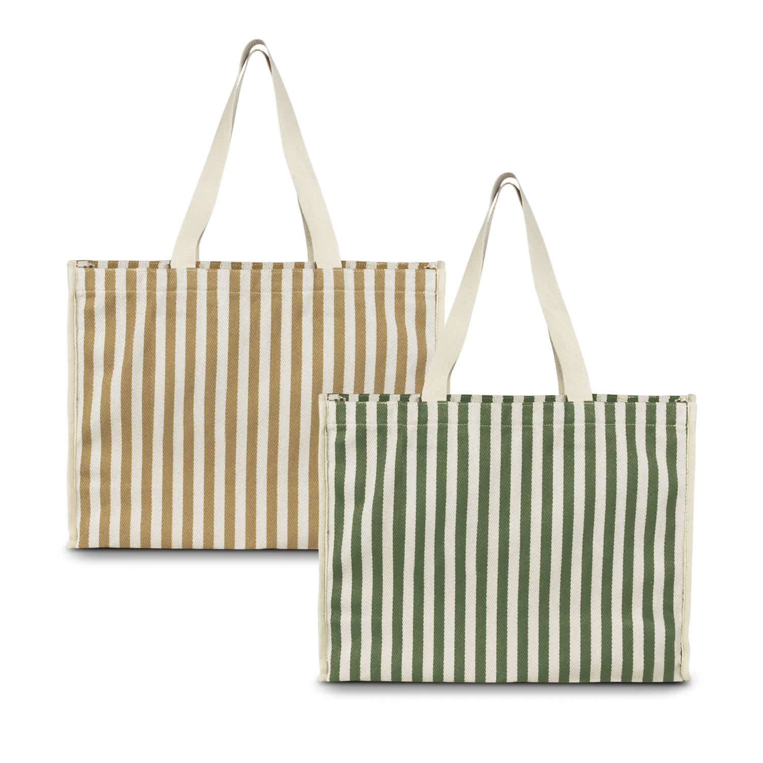 A striped beach tote bag in brown and cream, and a green and cream design. Each bag features sturdy handles and a logo. Keepsake Beach Tote Bag - Image 1