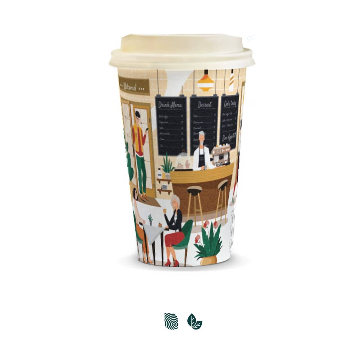 A compostable paper coffee cup in cream and colourful café design, featuring a lid and branded logo. Compostable Paper Coffee Cup - 350ml - Image 1