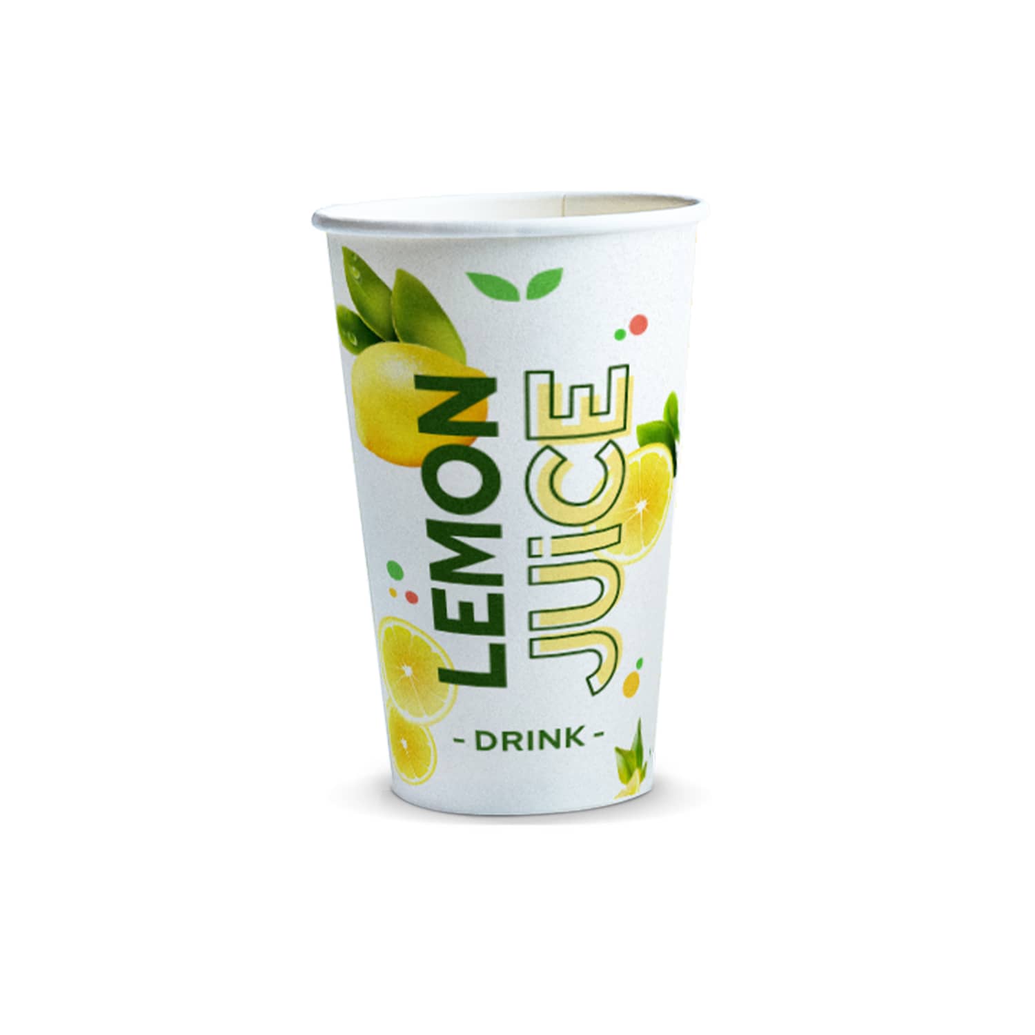 A paper cup with a white background, featuring lemon and lime graphics, designed for lemon juice. Paper Cup - 350ml - Image 1