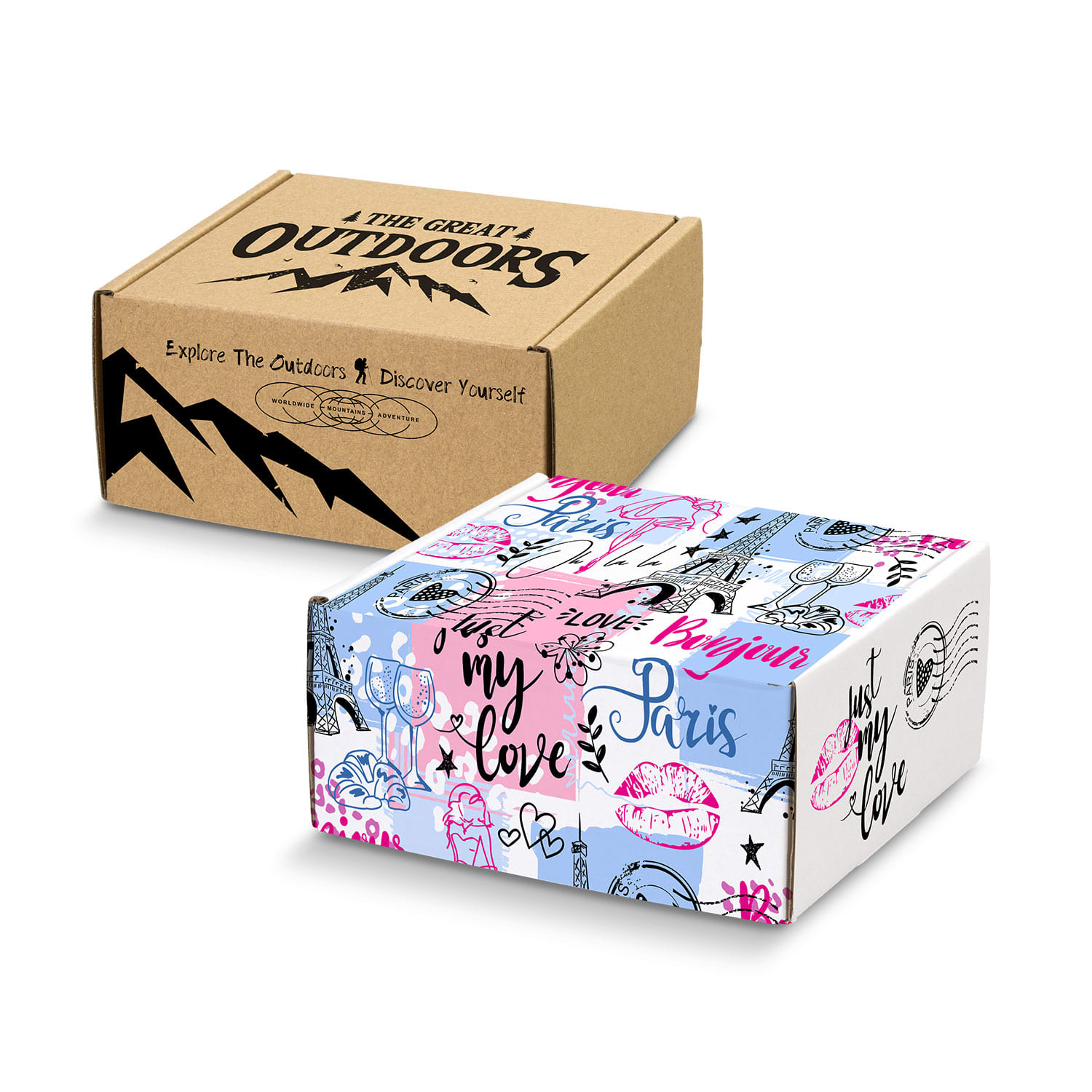 Two die cut boxes with locking lids, one in a brown kraft finish and the other featuring colourful graphic designs. Die Cut Box with Locking Lid - 130x130x65mm - Image 1