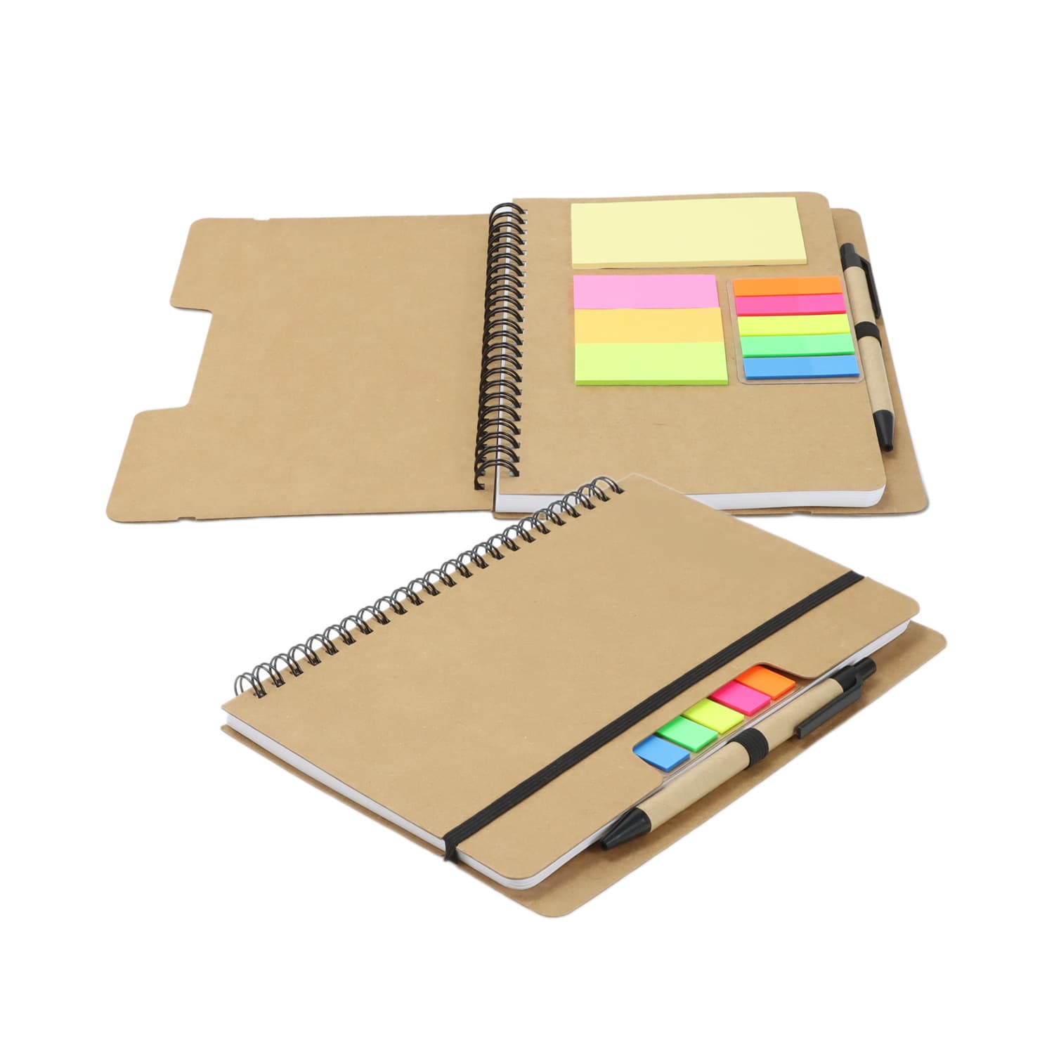 A Kraft notebook featuring a spiral binding, sticky notes in vibrant colours, and included pens, with a black elastic band. Kraft Notebook with Notes and Flags - Image 1