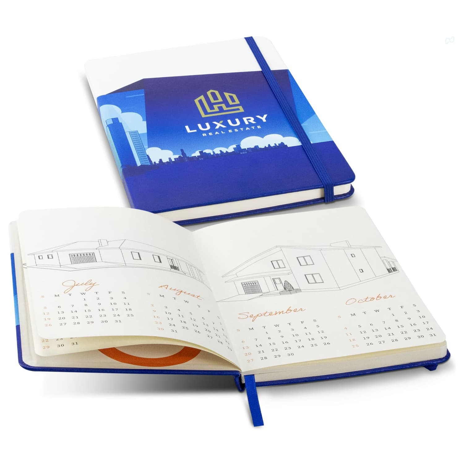 A full-colour blue notebook with an elastic closure, featuring a calendar layout inside and a logo on the cover. Ashbury Full Colour Notebook - Image 1