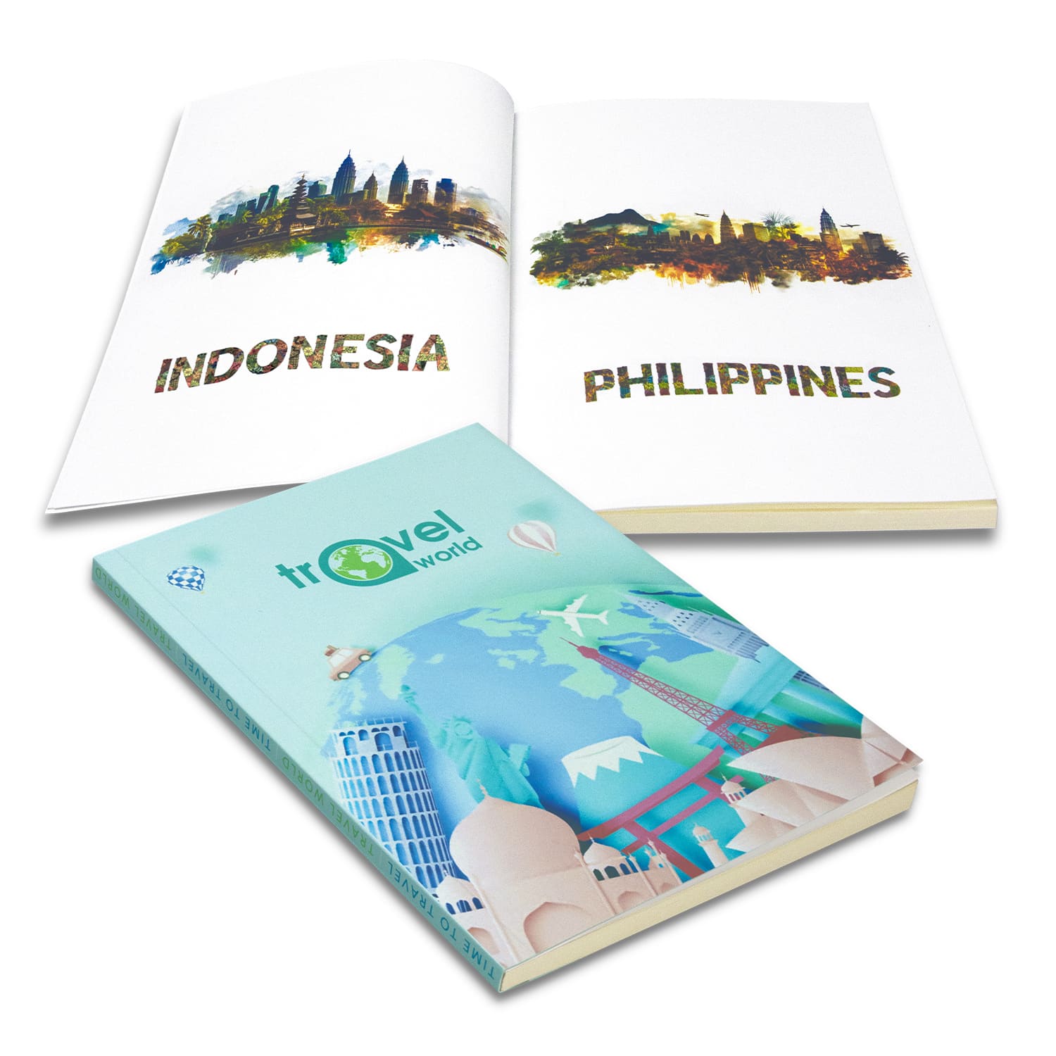 A notebook featuring a blue cover with illustrations of global landmarks and pages showcasing Indonesia and the Philippines. Verse Notebook - Image 1