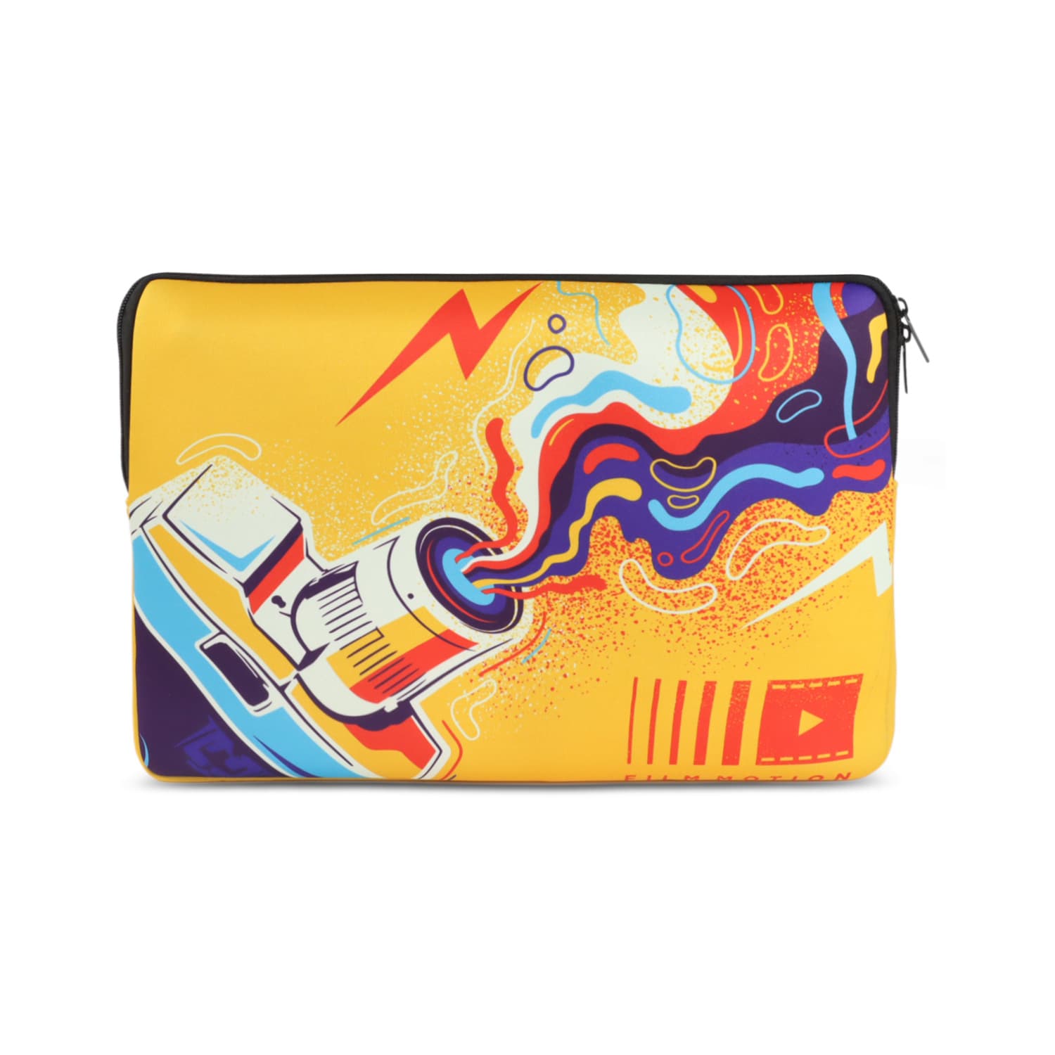 A medium laptop sleeve featuring a vibrant yellow design with multicoloured abstract graphics and a logo. Full Colour Laptop Sleeve - Medium - Image 1