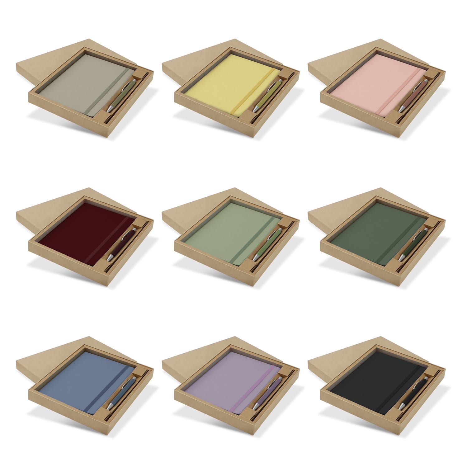 A gift set featuring nine Omega Fashion Notebooks in various colours, each with a matching pen, presented in a box. Omega Fashion Notebook and Pen Gift Set - Image 1