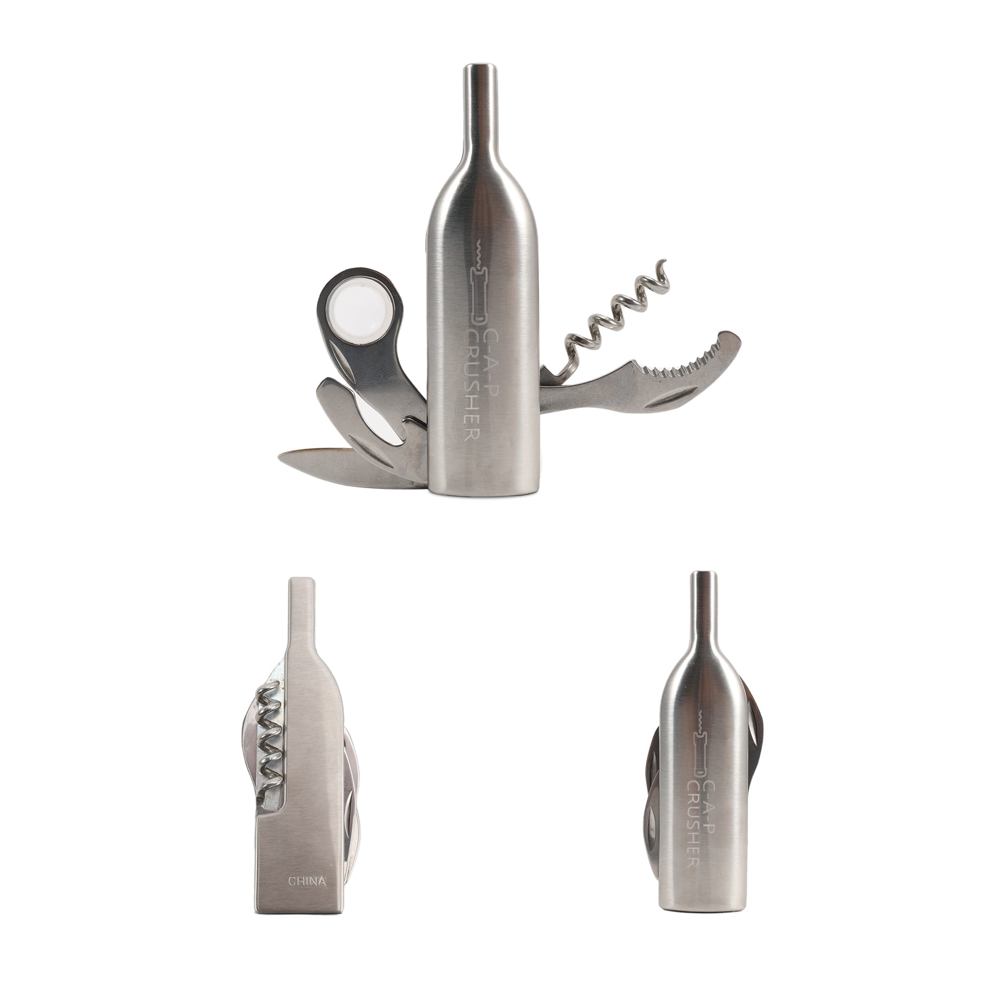 A drink bottle opener in a wine bottle design, featuring stainless steel with multiple tools including a corkscrew and bottle opener. Custom 5 In 1 Wine Bottle Opener - Image 1
