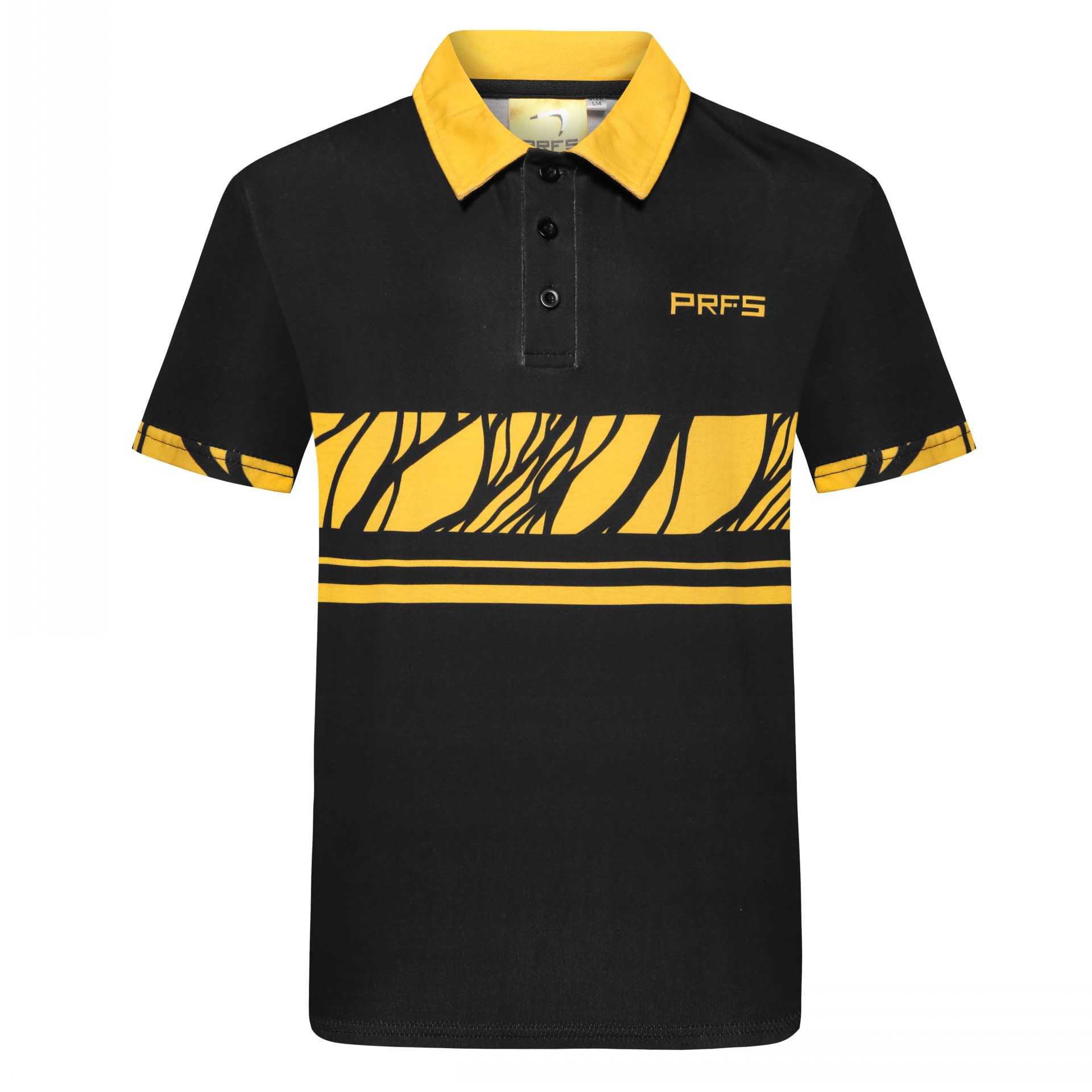 A black and yellow Hawaiian shirt featuring a geometric design and a logo on the chest. Cotton Printing Hawaiian Shirts L09 S2351 - Image 1