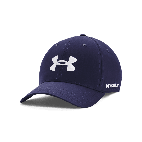 A navy blue cap with a logo, featuring a structured design and curved brim. Ideal for golf or casual wear. Under Armour Golf96 Hat - Image 1