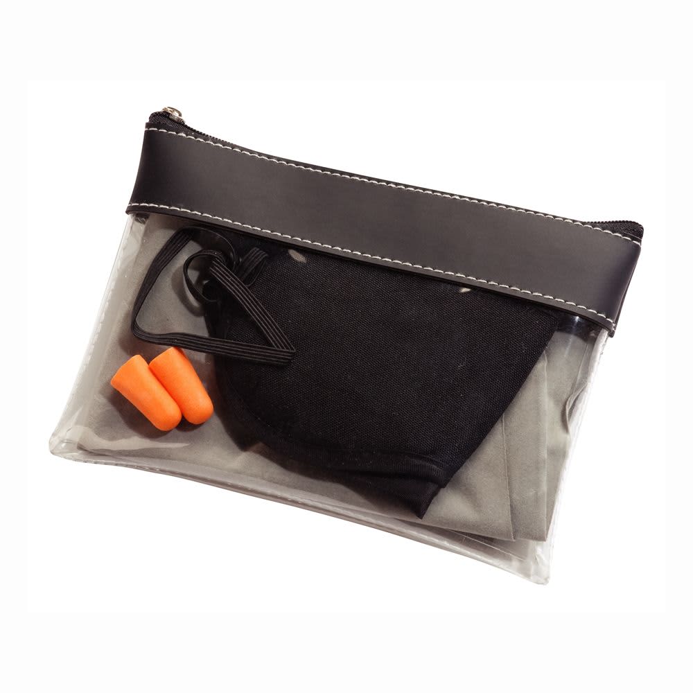 A clear toiletry bag containing a black sleep mask, grey earplugs, and orange earplugs, finished with a black zip. Travel Comfort Set - Image 1