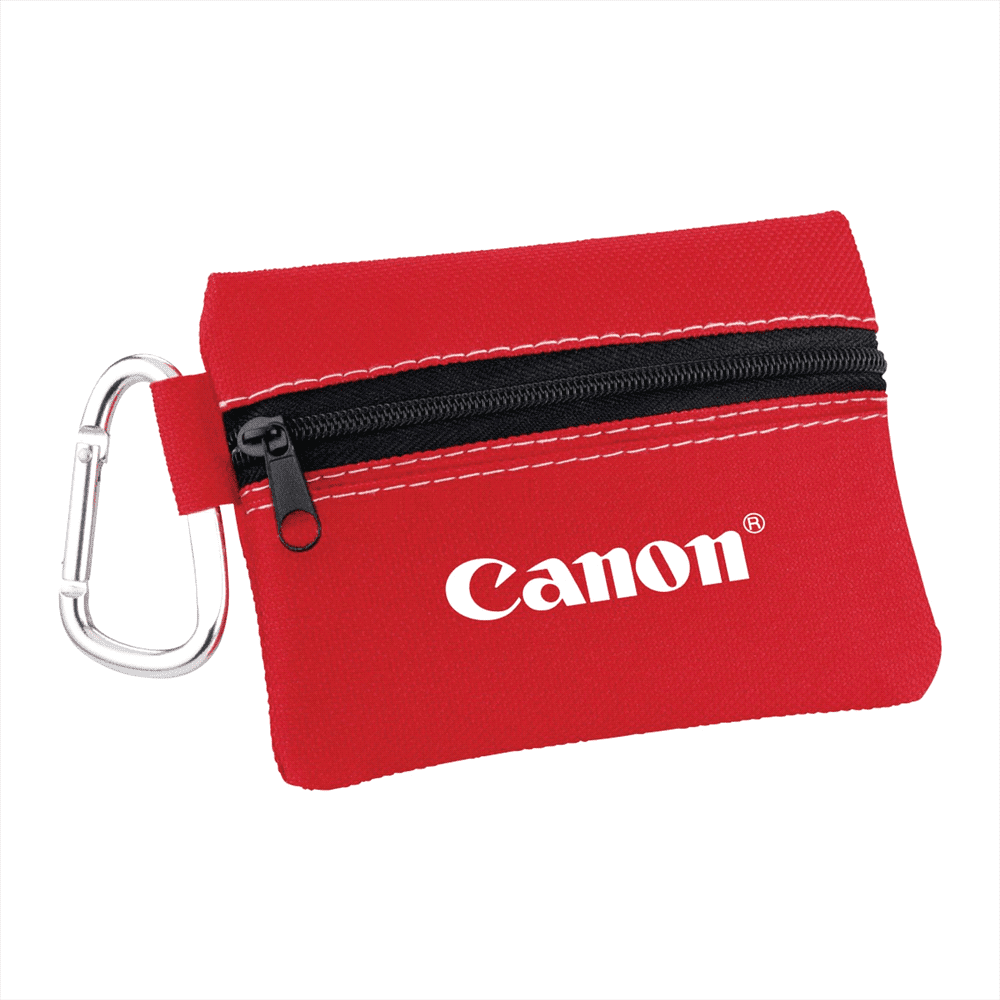 A red zippered pouch with a black zipper and a carabiner clip, featuring a logo on the front. Zippered 20-Piece First Aid Pouch - Image 1
