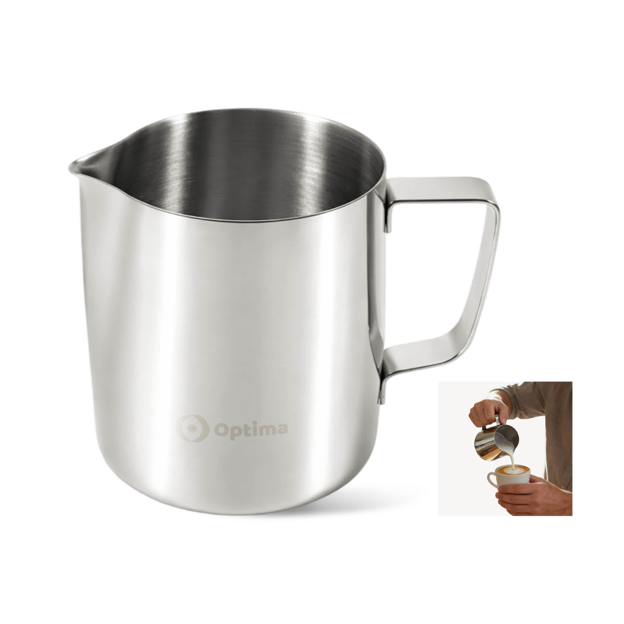 A stainless steel milk frothing pitcher with a spout and handle, featuring a logo. Stainless Steel Milk Frothing Pitcher - Image 1