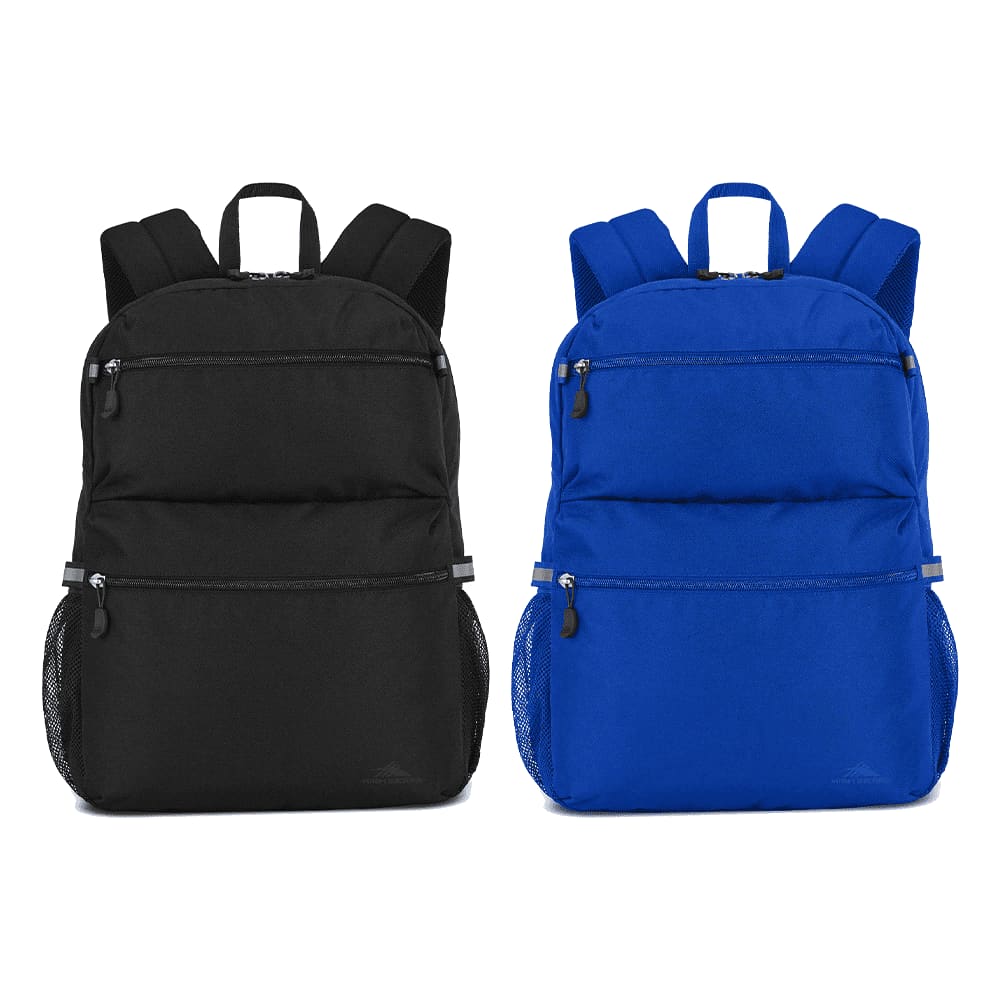 Two backpacks are displayed: one in black and one in blue, featuring multiple zippered pockets and mesh side pockets. High Sierra Everclass Backpack 24L - Image 1