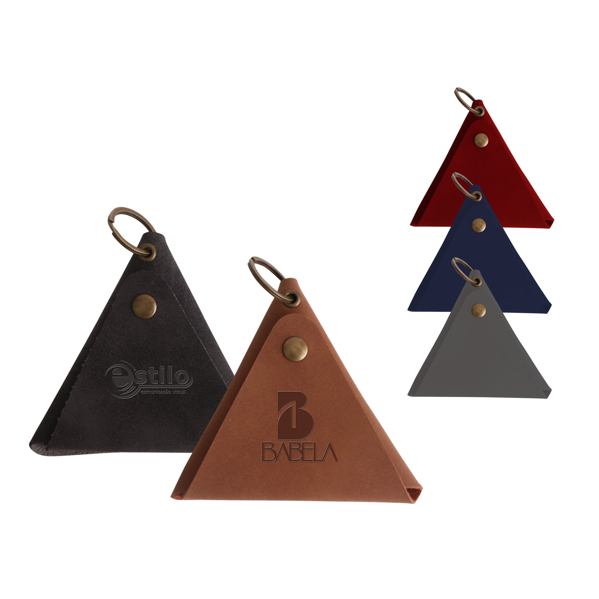 A triangular coin holder in black, brown, grey, navy, and red, featuring a logo and a keyring attachment. Triangle Coin Holder - Image 1