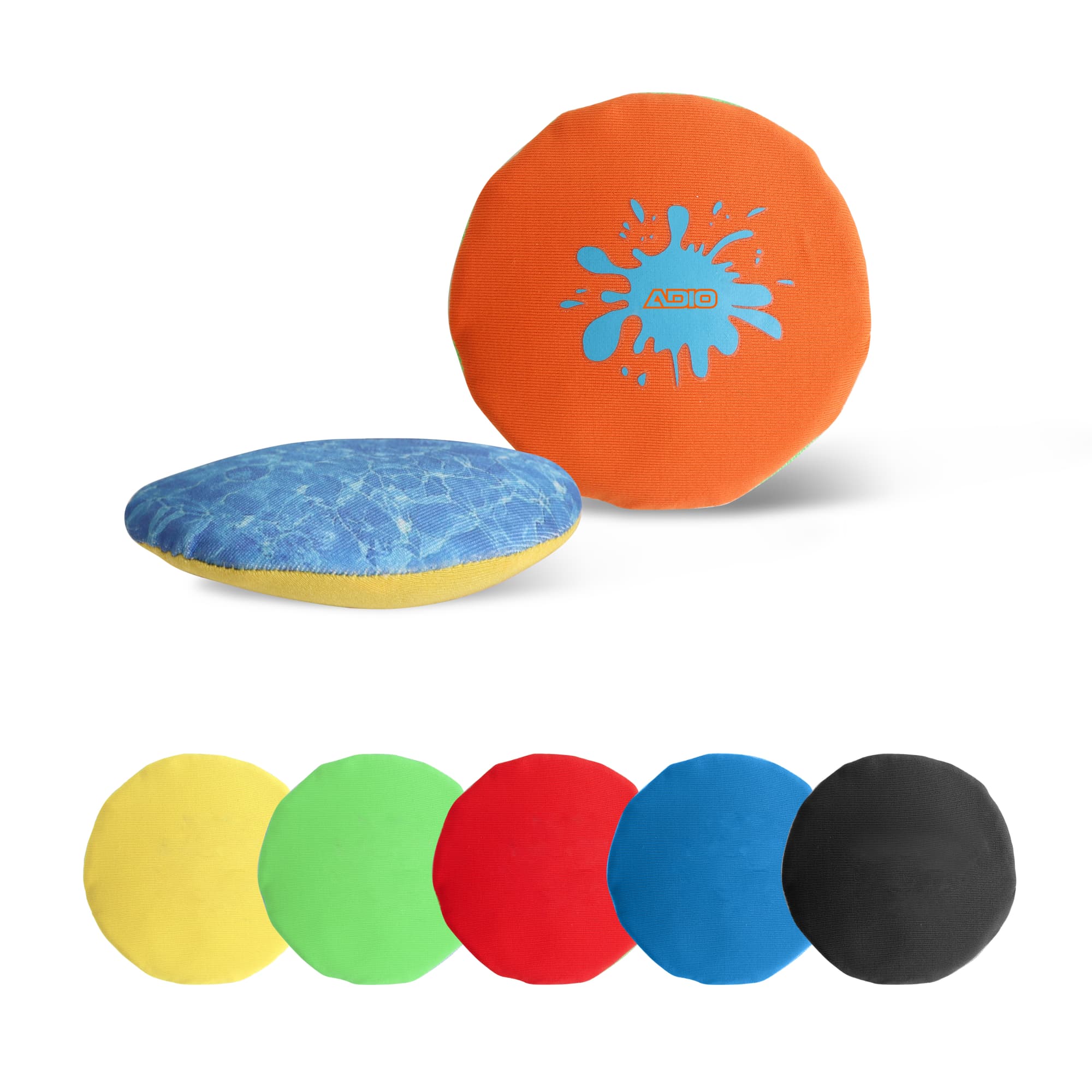 A water bouncing disc in orange and blue, with additional discs in yellow, green, red, and black. It features a logo. Water Bouncing Disc - Image 1