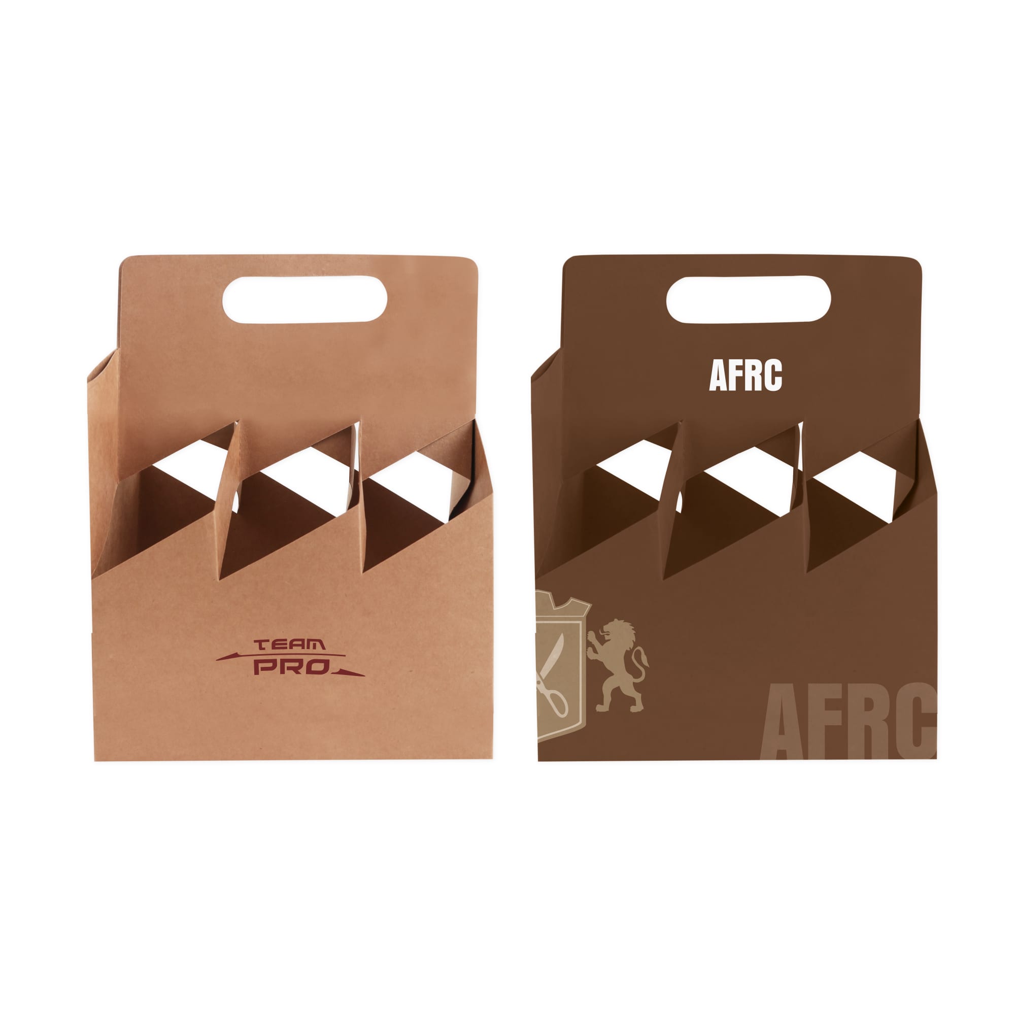 A portable wine box in brown with cut-out sections, featuring a handle and a logo. Holds six bottles. Six Bottle Portable Wine Box - Image 1