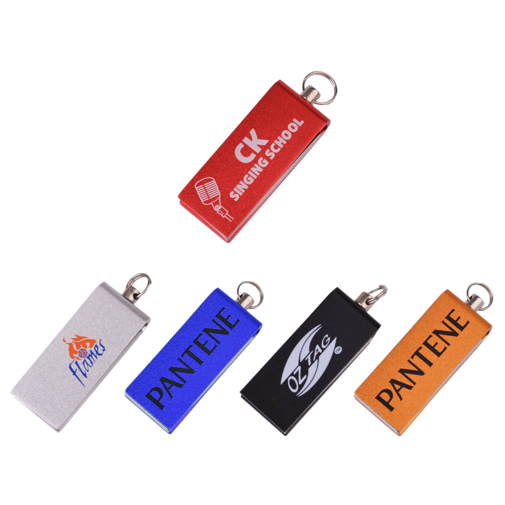A set of five Mini Boston flash drives in red, blue, silver, black, and orange, featuring various logos. Mini Boston Flash Drive - Image 1
