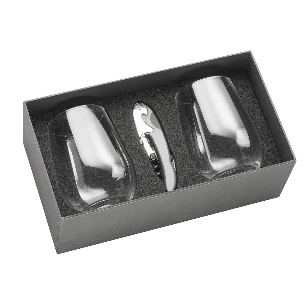 A wine glass set featuring two clear glasses and a silver corkscrew, presented in a sleek black box. Wine Glass Set 450ml - Image 1