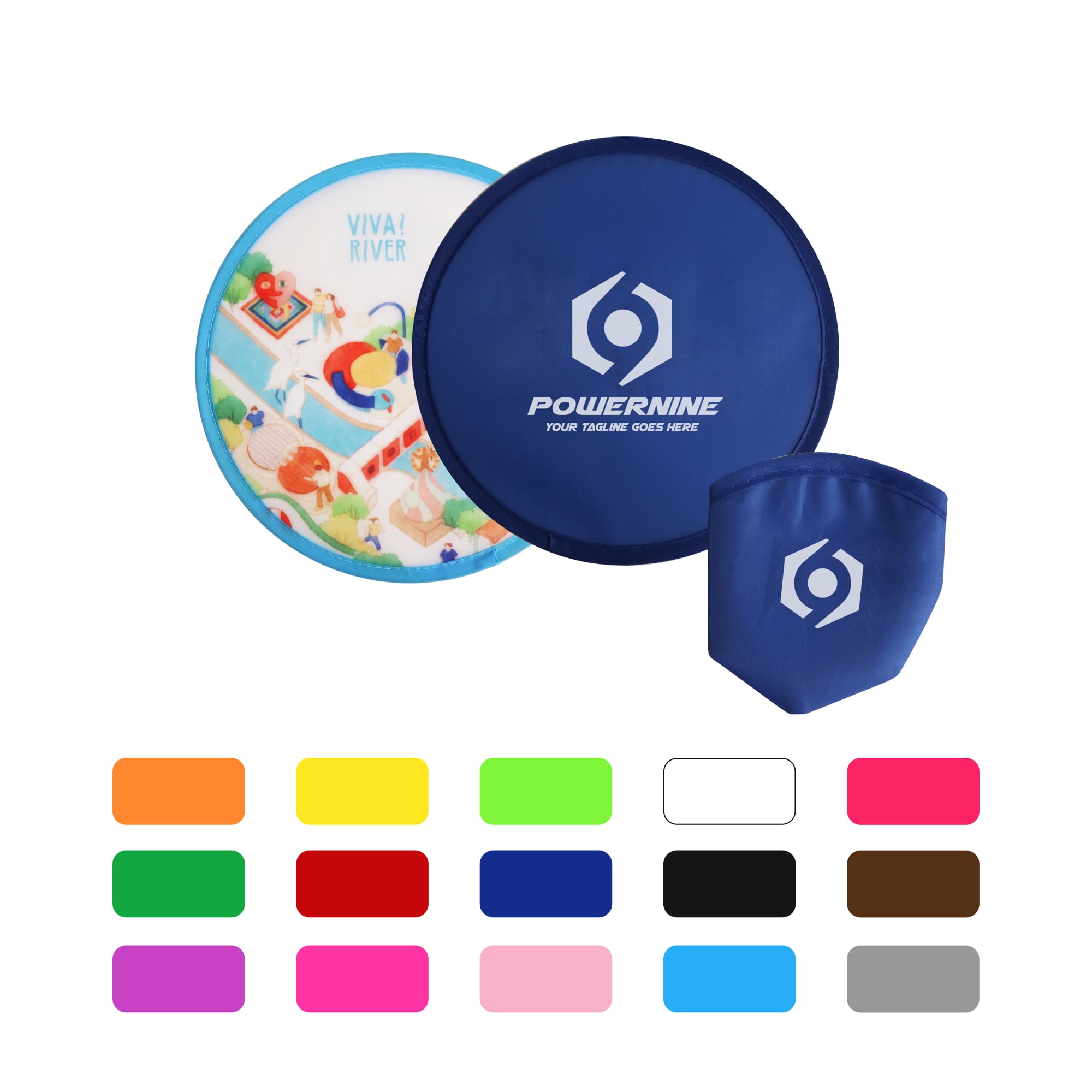 A foldable frisbee in blue with an accompanying pouch, alongside various colour options displayed below. 25cm Foldable Frisbee - Image 1