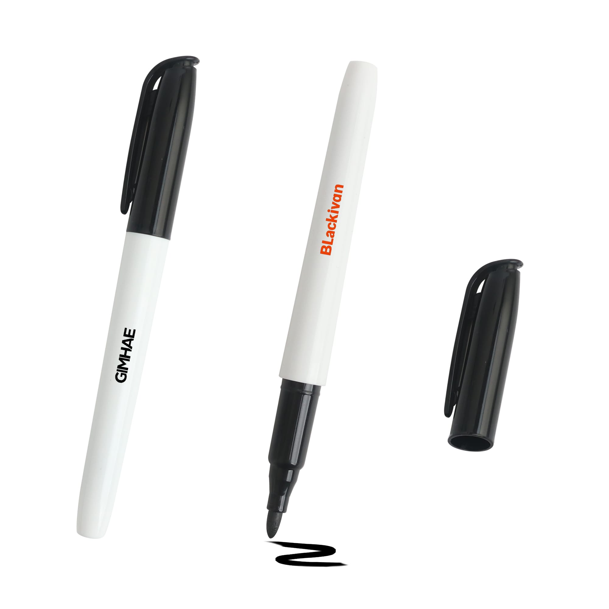A set of black and white markers, featuring a cap, an open marker, and a visible ink line. Maker Pen - Image 1