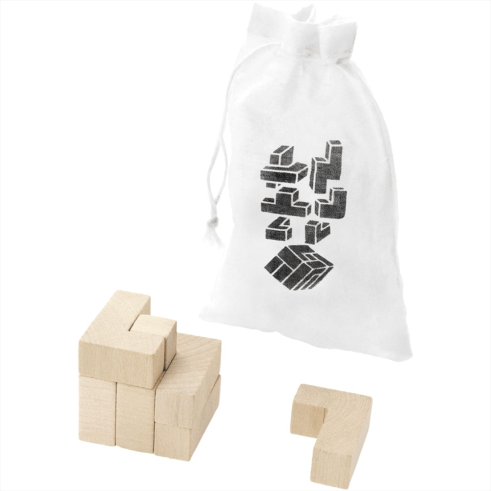 A set of wooden puzzle pieces in a white pouch, featuring various shapes and a logo. The pieces are light-coloured. Solfee Brainteaser - Image 1