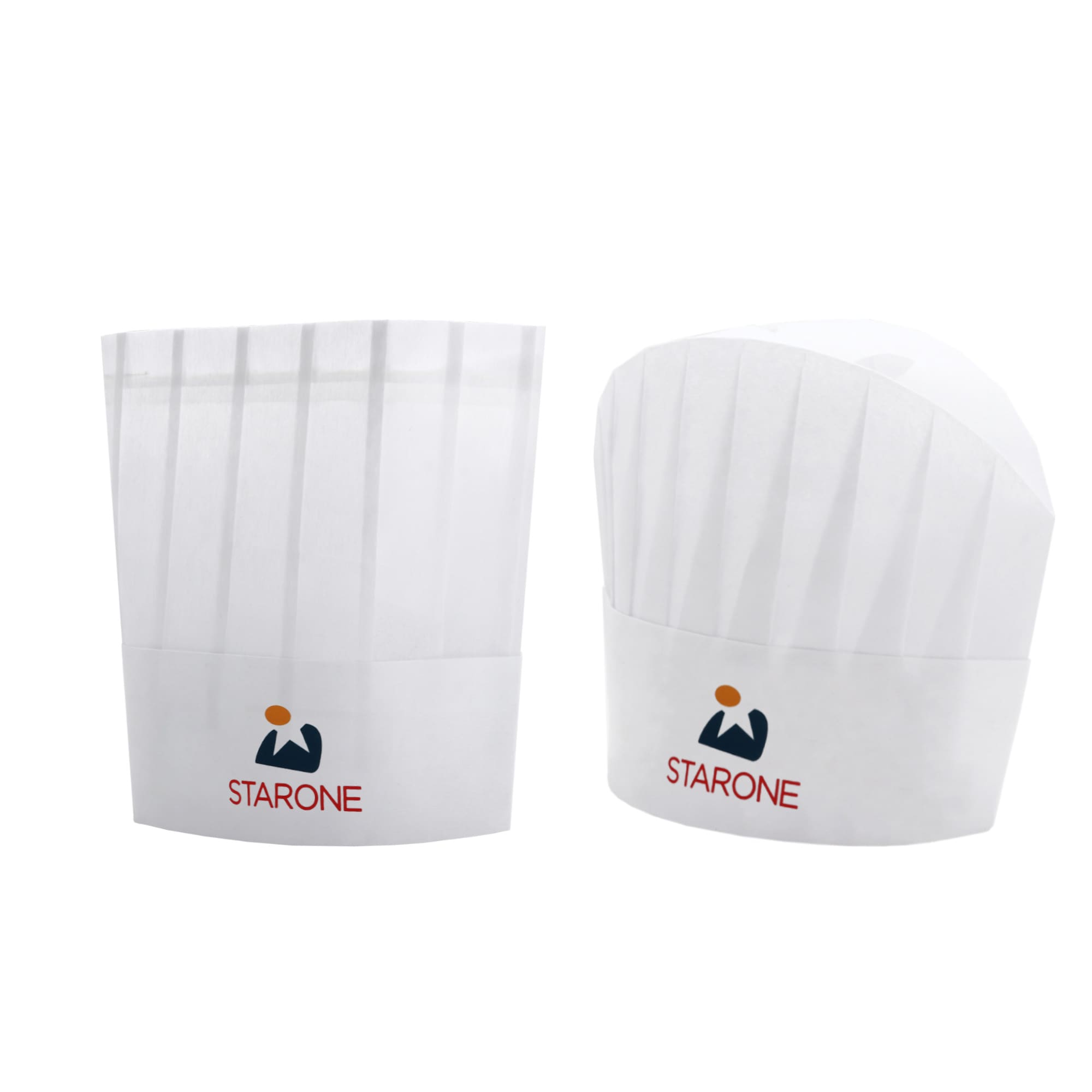 A disposable non-woven chef hat in white, featuring pleats and a logo on the front. Disposable Non-woven Chef Hat 23cm - Image 1