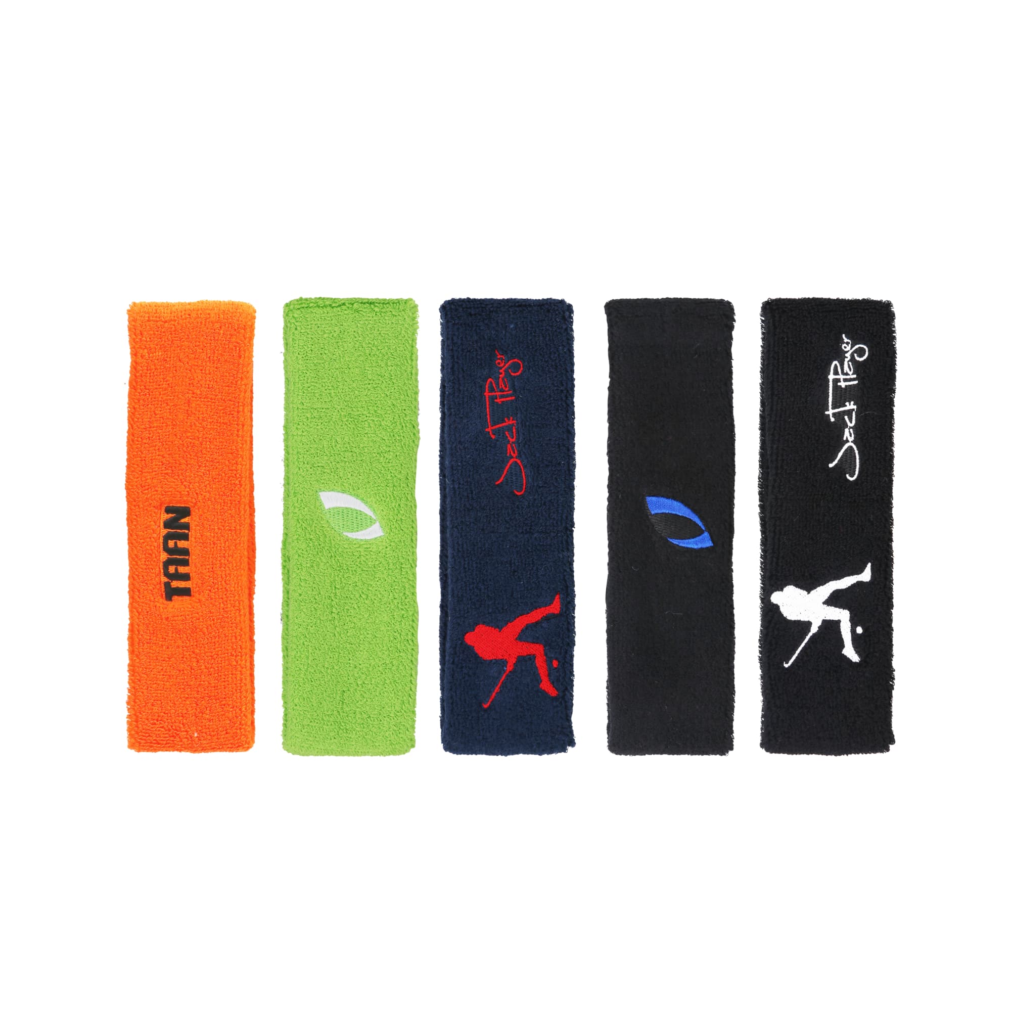 Five headbands in orange, green, navy, black, and another black, featuring various logos and designs. Quality Headband - Image 1