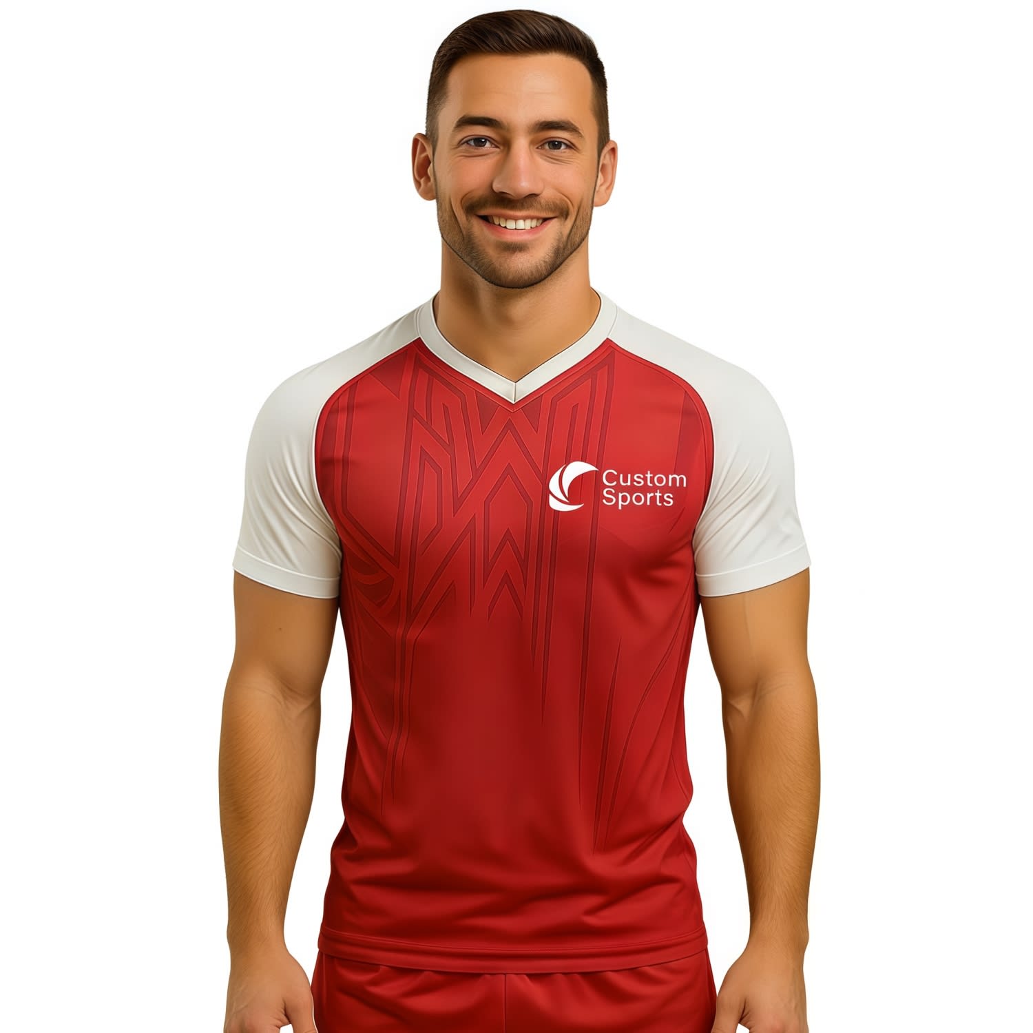 A red and white V-neck raglan sport tee shirt featuring short sleeves and a logo on the front. 100% Polyester Micro Mesh Sublimated V-Neck Raglan Sport Tee Shirt - Image 1