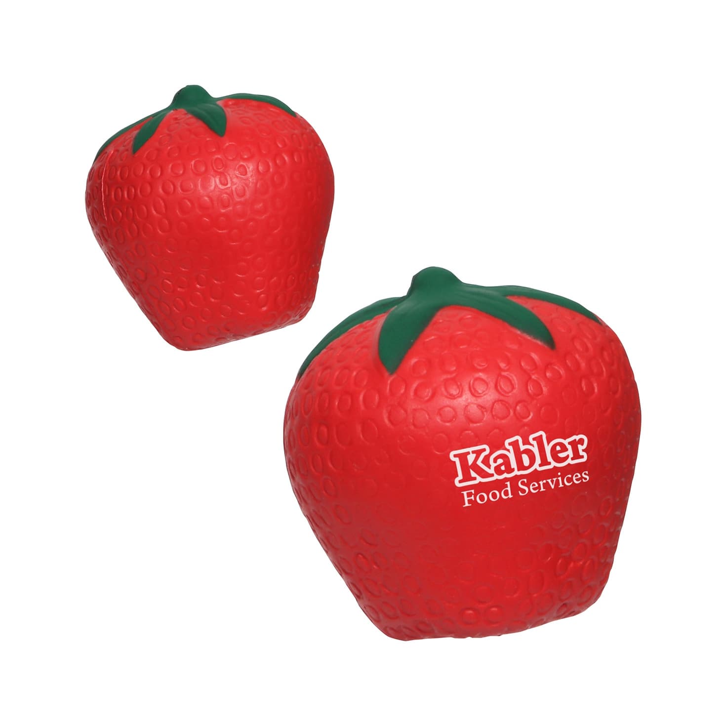 Red strawberry-shaped stress reliever with a green stem and an embossed texture. Includes a logo. Strawberry Shape Stress Reliever - Image 1