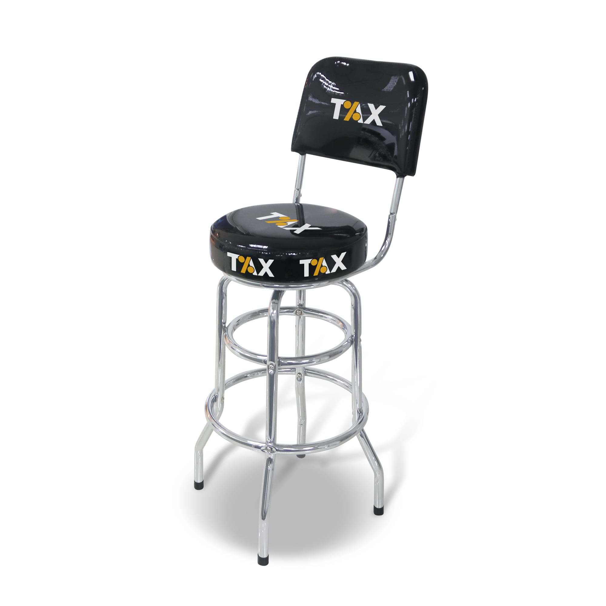 A black bar stool with a backrest and chrome legs, featuring a logo on the seat. Bar stool with back - Image 1